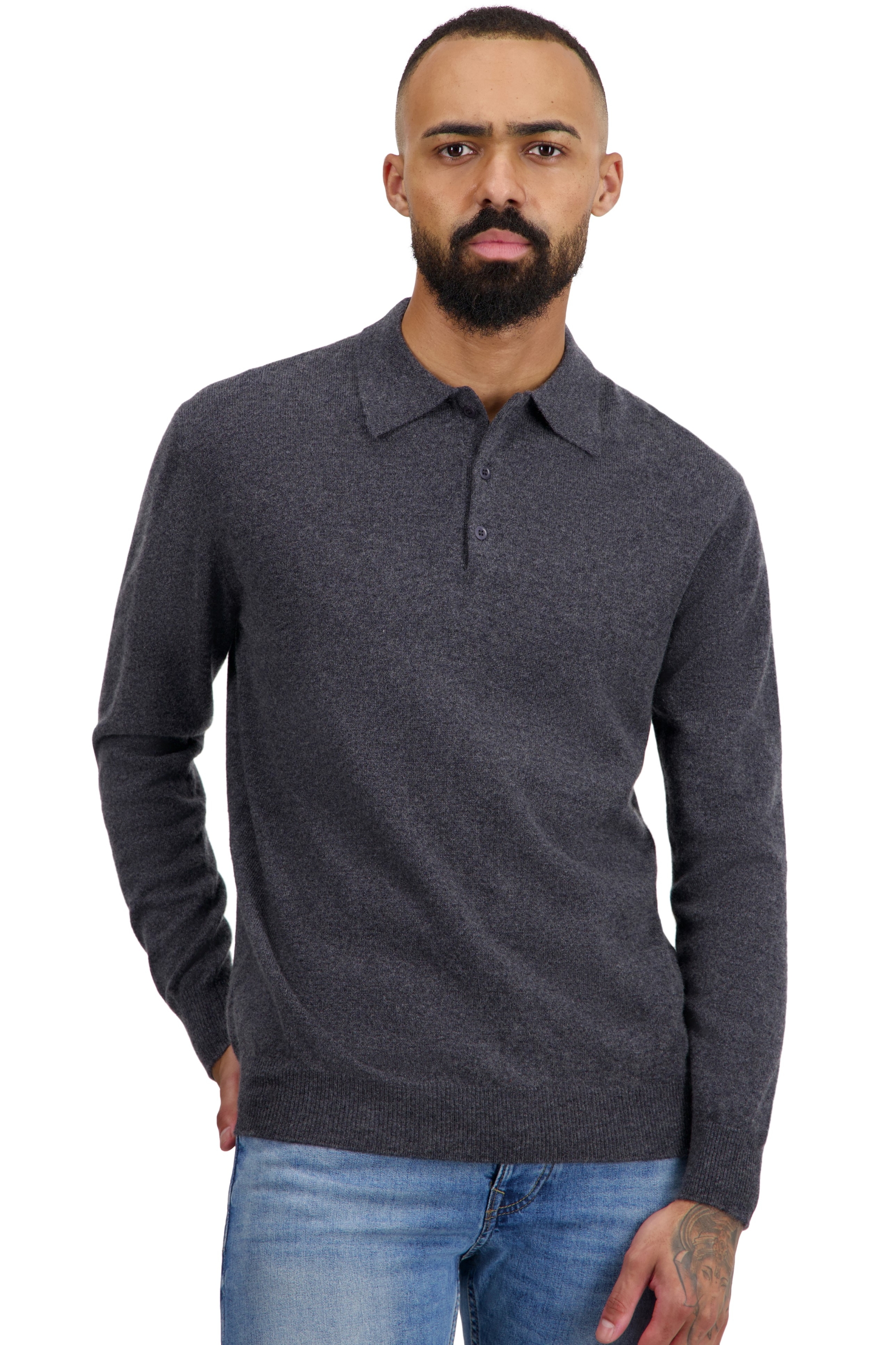 Cashmere men polo style sweaters tarn first charcoal marl 3xl
