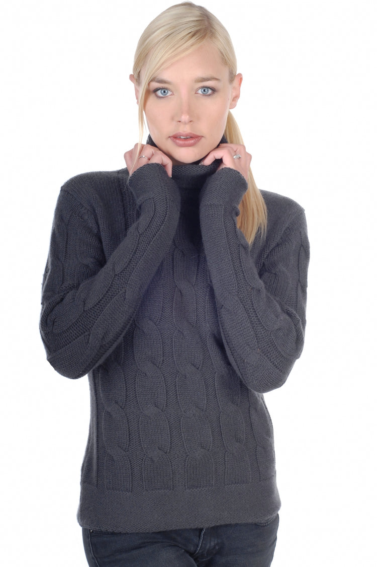Cashmere jumper, 100% Cashmere, women, roll neck, straight cut, long sleeves, chunky / 6 plies and more, cable knit, Mahogany
