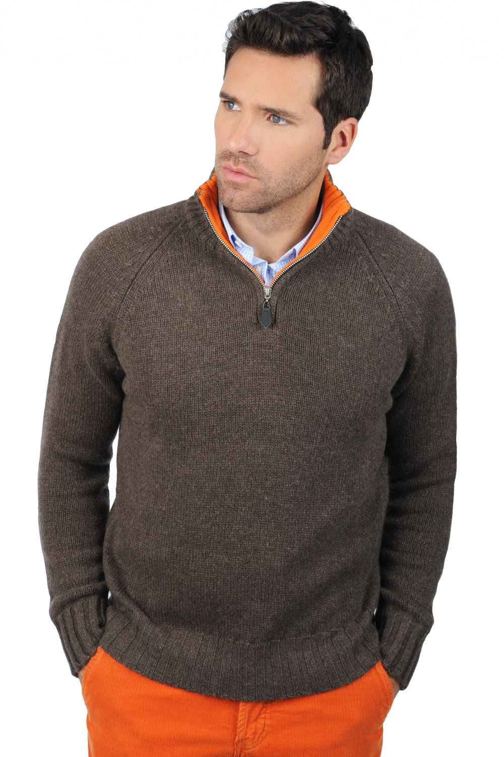 Olivier men's cashmere jumper - marl brown / orange - Mahogany