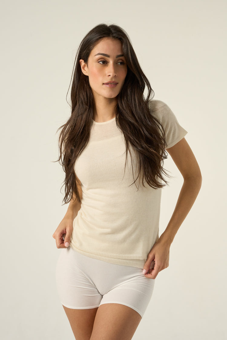 Cashmere down T-shirt, 100% cashmere down, women, round neck, straight cut, short sleeves, fine, Mahogany