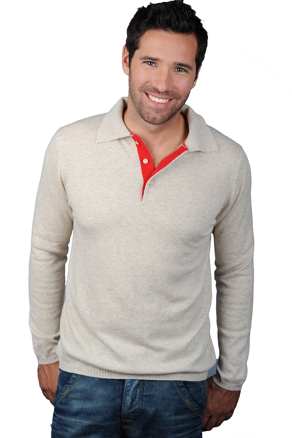 Scott men's cashmere jumper - marl ecru / red - Mahogany