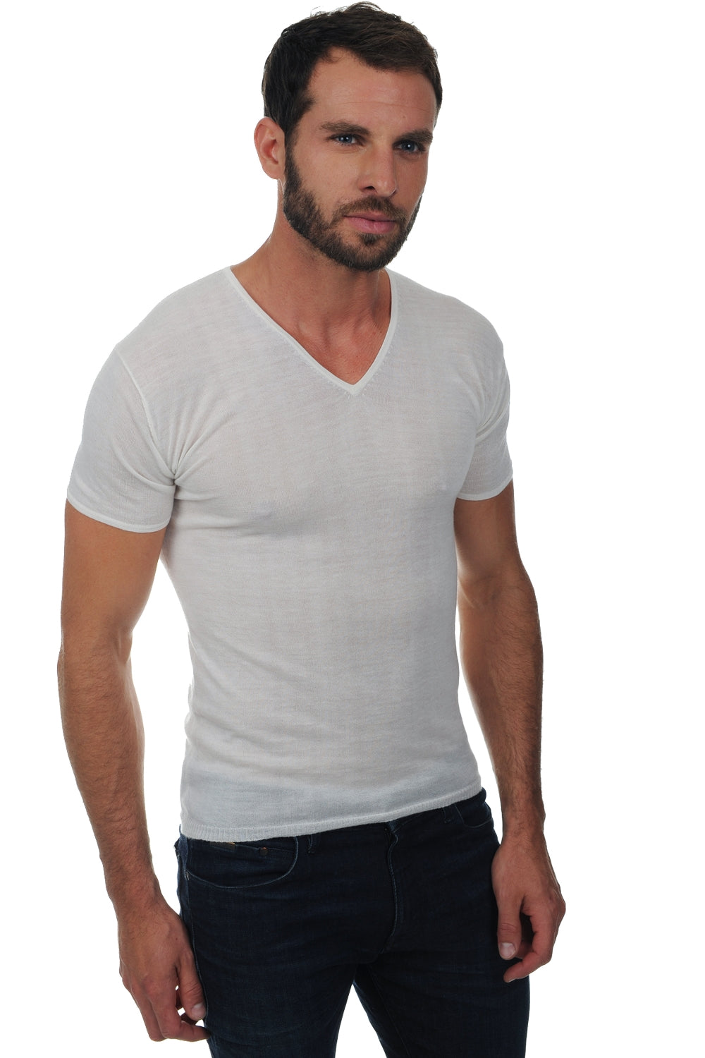 Cashmere down T-shirt, 100% cashmere down, men's, V-neck, short sleeves, fine cut, Mahogany