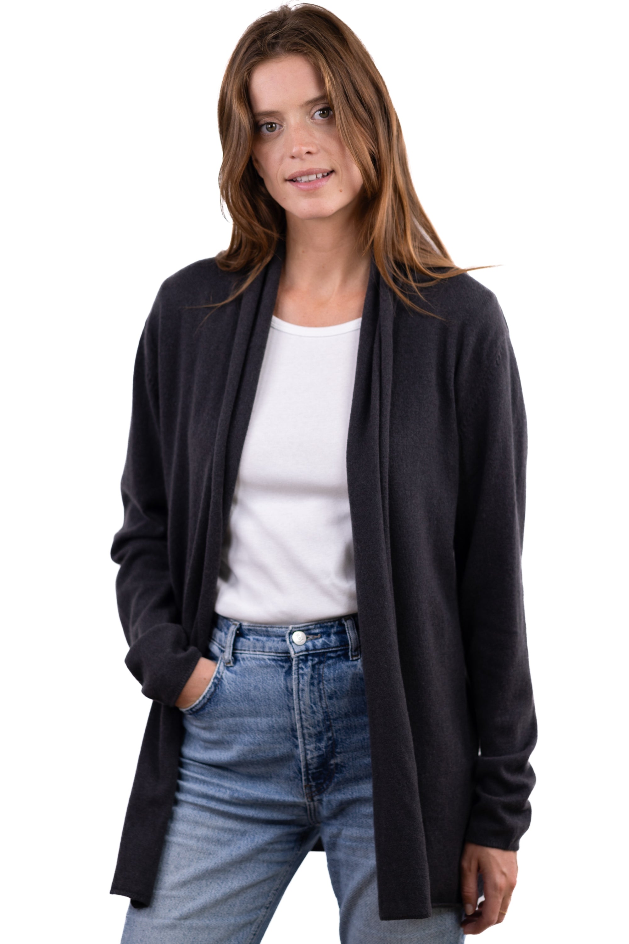Cashmere jacket, 100% Cashmere, women, collarless, straight cut, long sleeves, fine, , Mahogany
