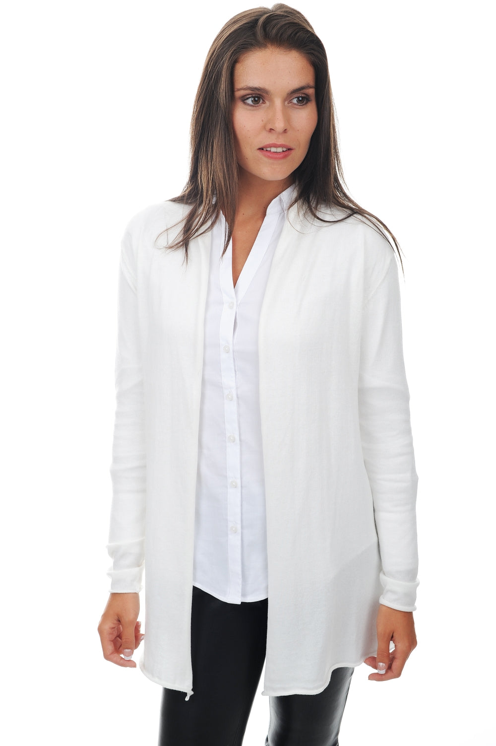 Cashmere and cotton cardigan, 85% Cotton / 15% Cashmere, women, collarless, straight cut, long sleeves, fine, , Mahogany