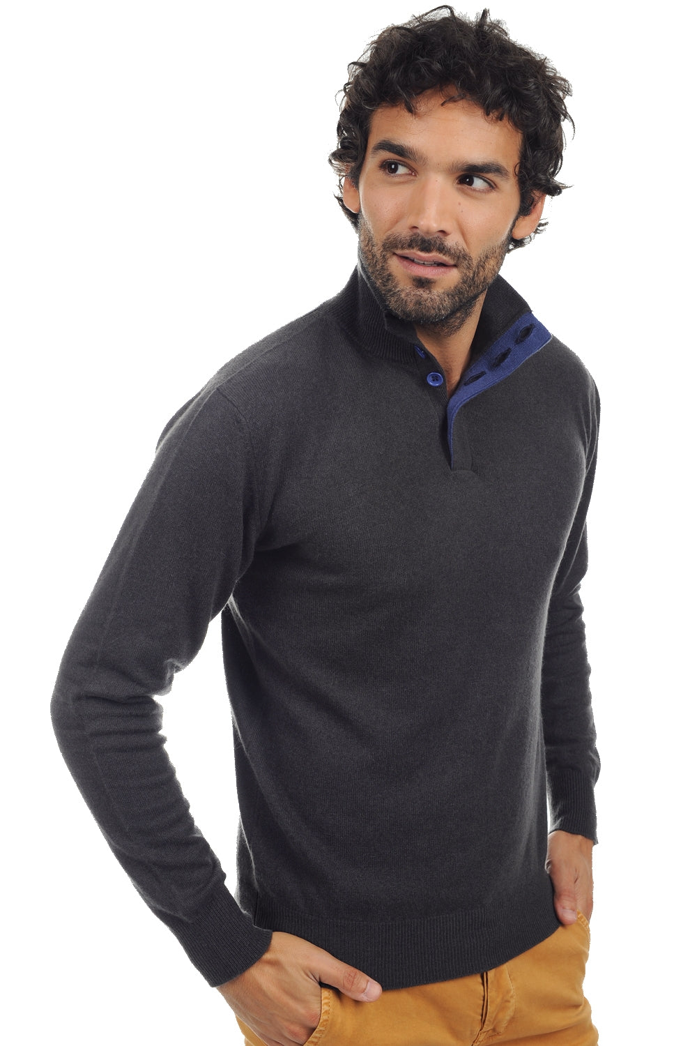 Cashmere jumper, 100% Cashmere, men, trucker collar, button fastening, straight cut, long sleeves, standard / 2 and 4 ply, standard knit, Mahogany