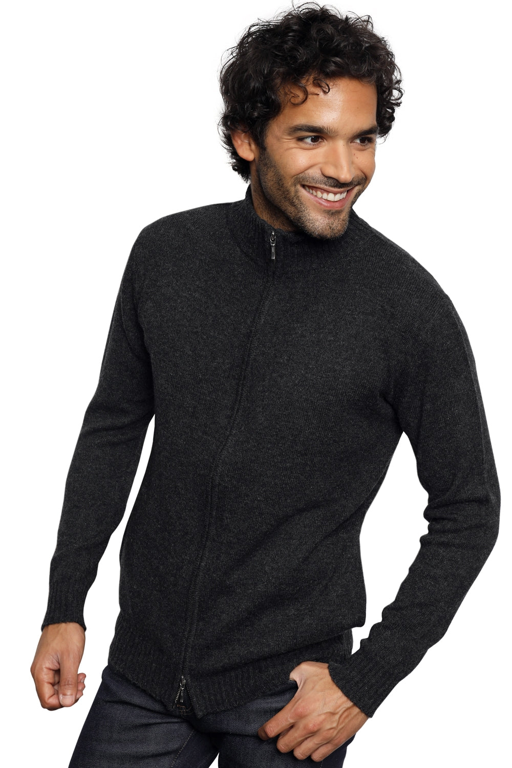 Camel hair cardigan, 100% Camel, men, high neck / funnel neck, zip fastening, straight fit, long sleeves, standard / 2 and 4 ply, standard knit, Mahogany
