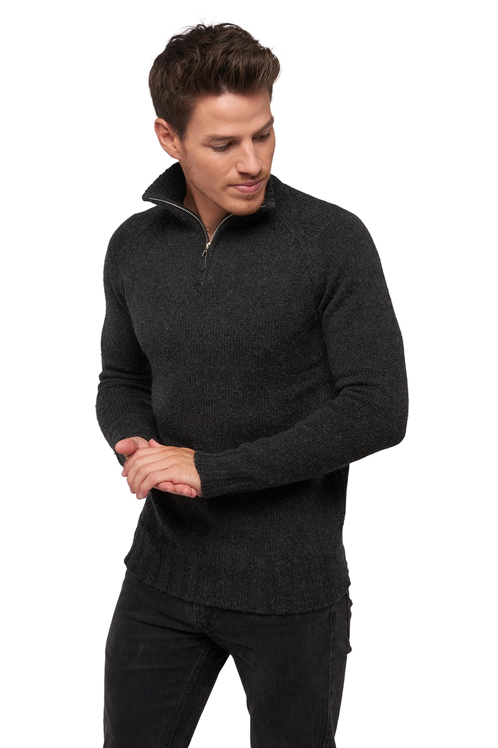 Camel hair jumper, 100% Camel, men, trucker collar, zip fastening, straight cut, long sleeves, chunky / 6 ply and more, standard knit, Mahogany