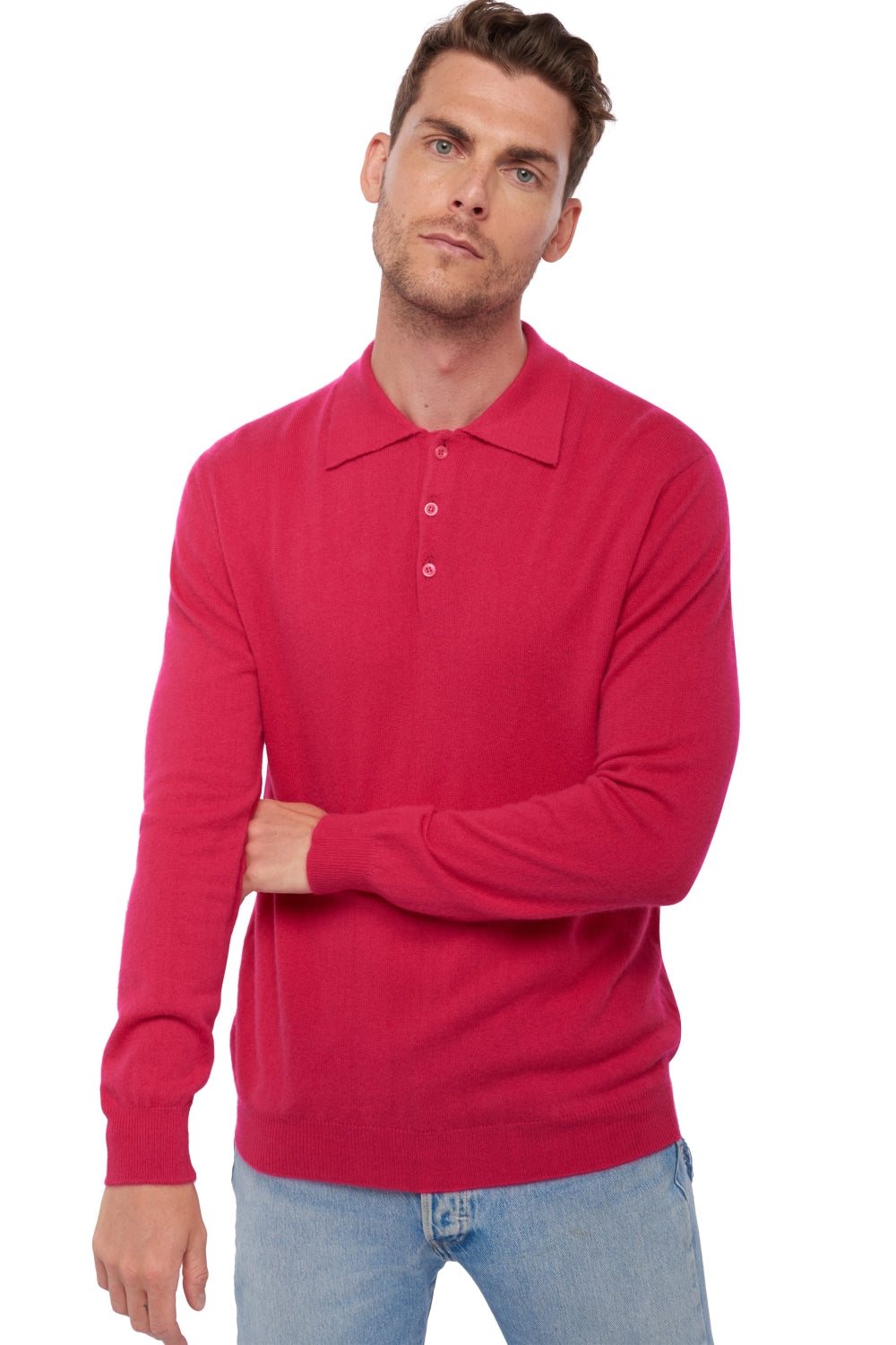 Cashmere polo, 100% Cashmere, men, polo collar, button fastening, straight cut, long sleeves, standard / 2 and 4 ply, standard knit, Mahogany