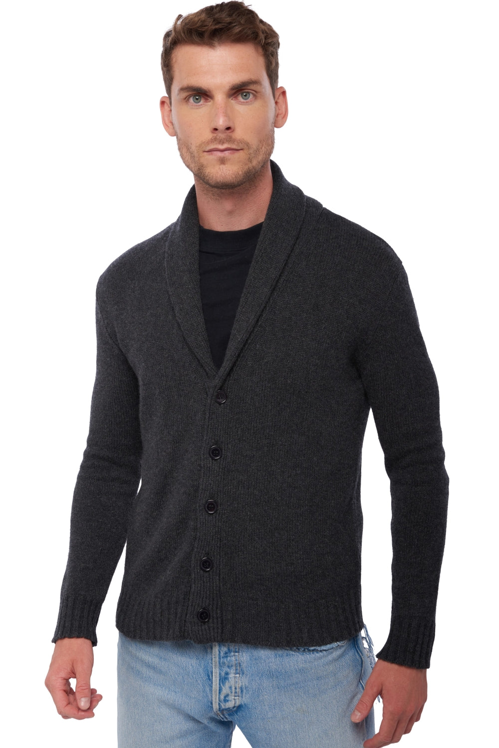 Cashmere cardigan, 100% cashmere, men's, shawl collar, button fastening, straight cut, long sleeves, chunky / 6-ply and above, standard knit, Mahogany