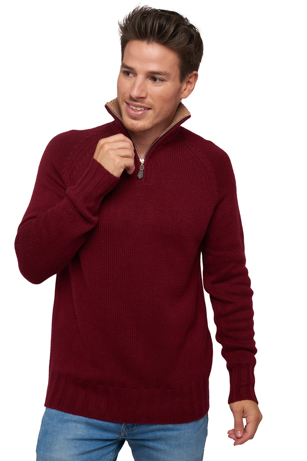 Olivier men's cashmere jumper - burgundy / camel - Mahogany