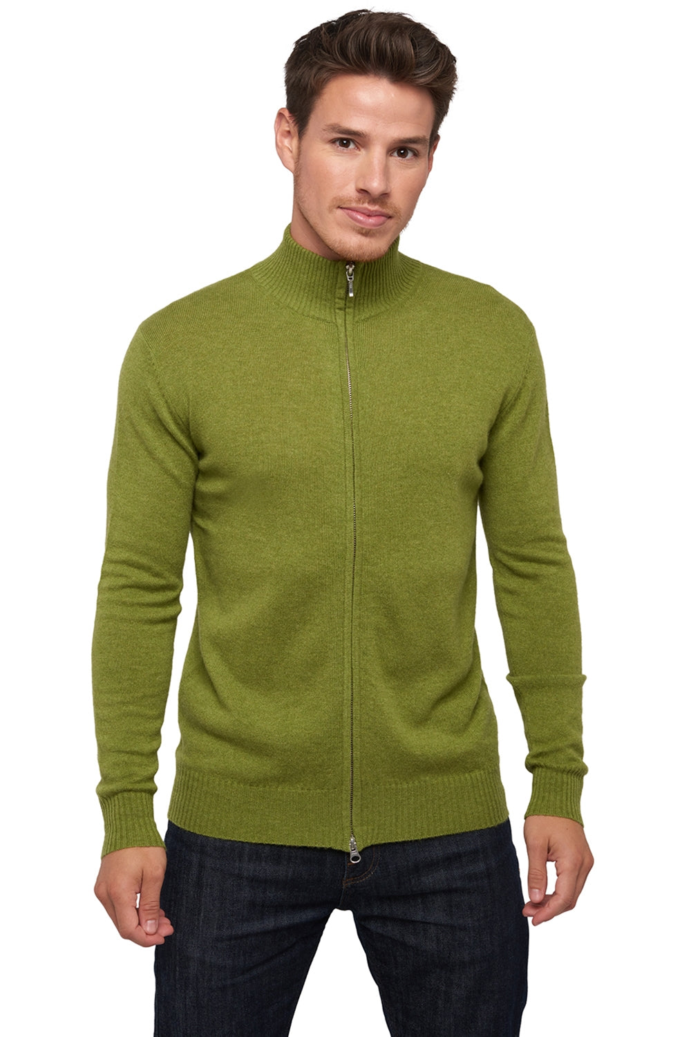 Cashmere cardigan, 100% cashmere, men's, high neck / funnel neck, zip fastening, straight cut, long sleeves, standard / 2 and 4 ply, standard knit, Mahogany