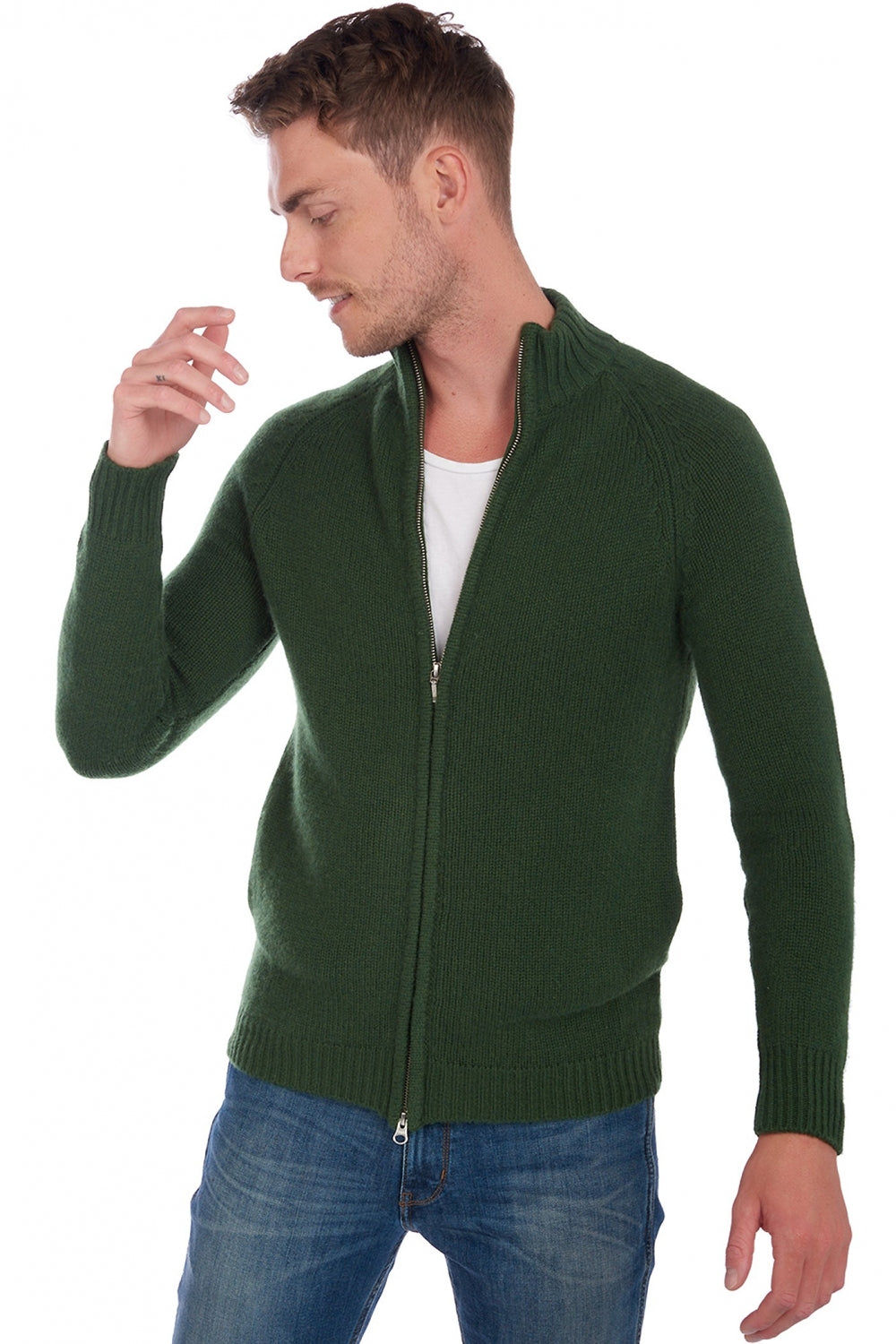 Cashmere cardigan, 100% Cashmere, men, trucker collar, zip fastening, straight cut, long sleeves, chunky / 6 ply and more, standard knit, Mahogany