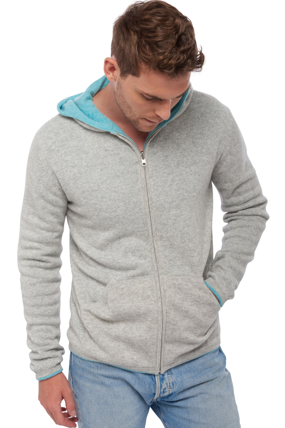 Carson cashmere men's jumper - flannel marl / pool blue - Mahogany