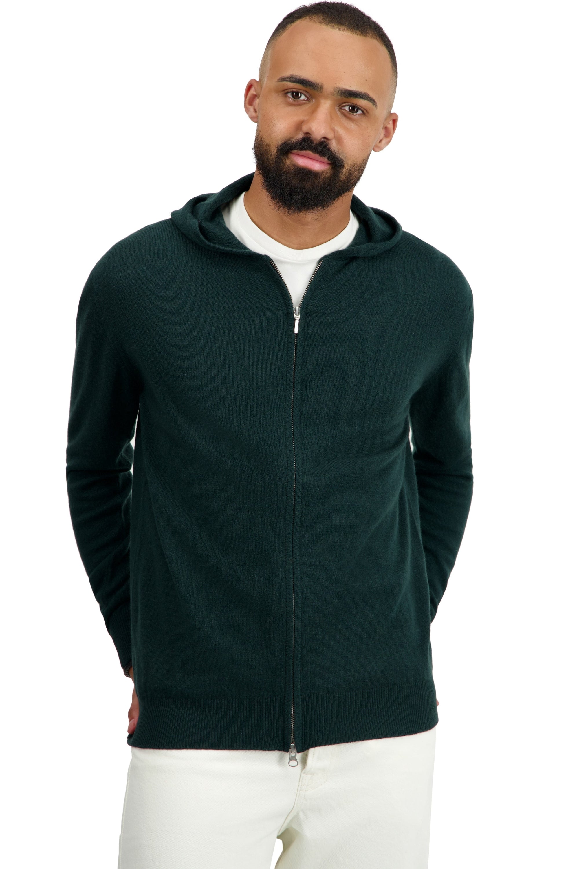 Cashmere cardigan, 100% cashmere, men's, hood, zip fastening, straight cut, long sleeves, standard / 2 and 4 ply, standard knit, Mahogany