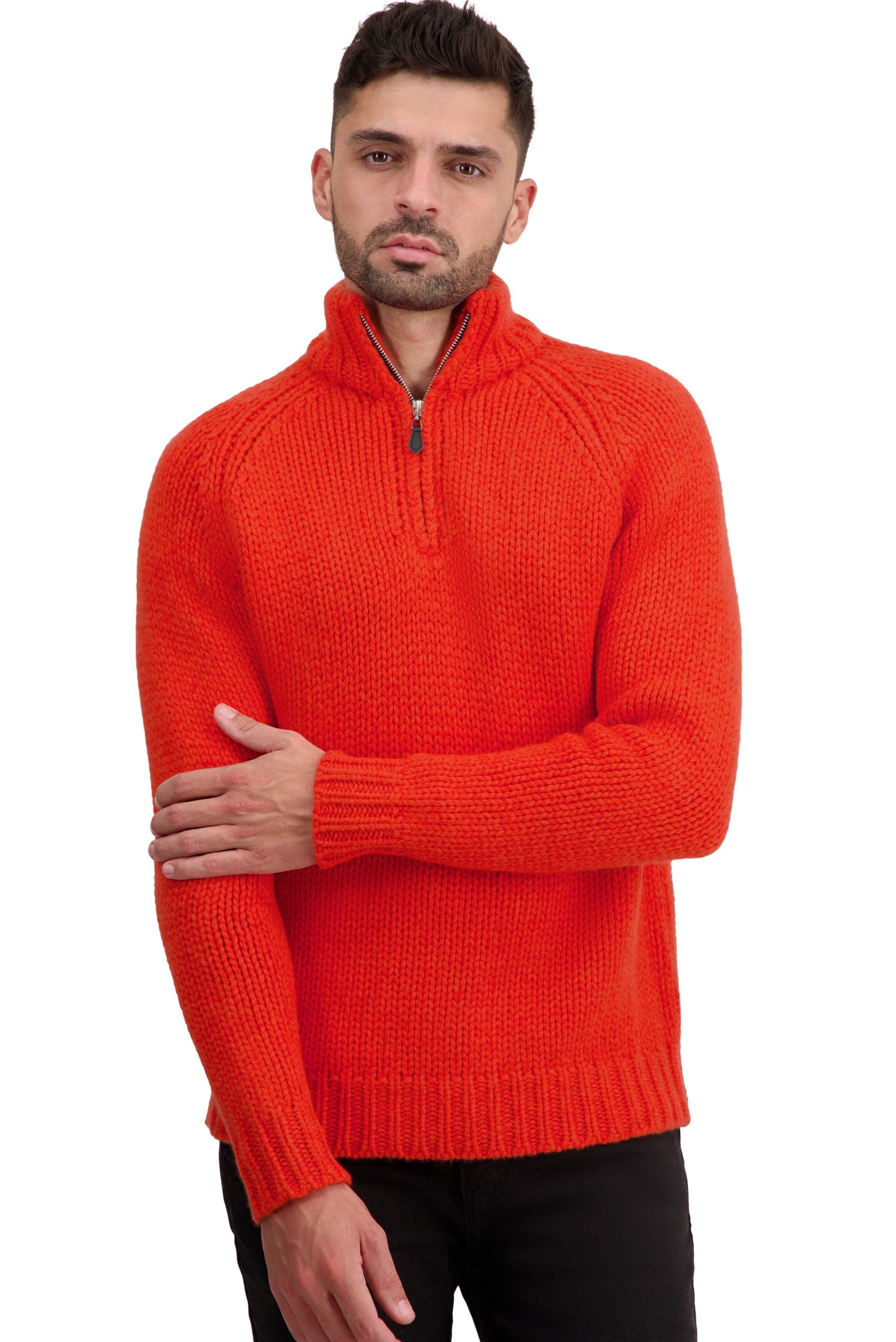 Cashmere jumper, 100% Cashmere, men, trucker collar, zip fastening, straight cut, long sleeves, chunky / 6 ply and more, standard knit, Mahogany