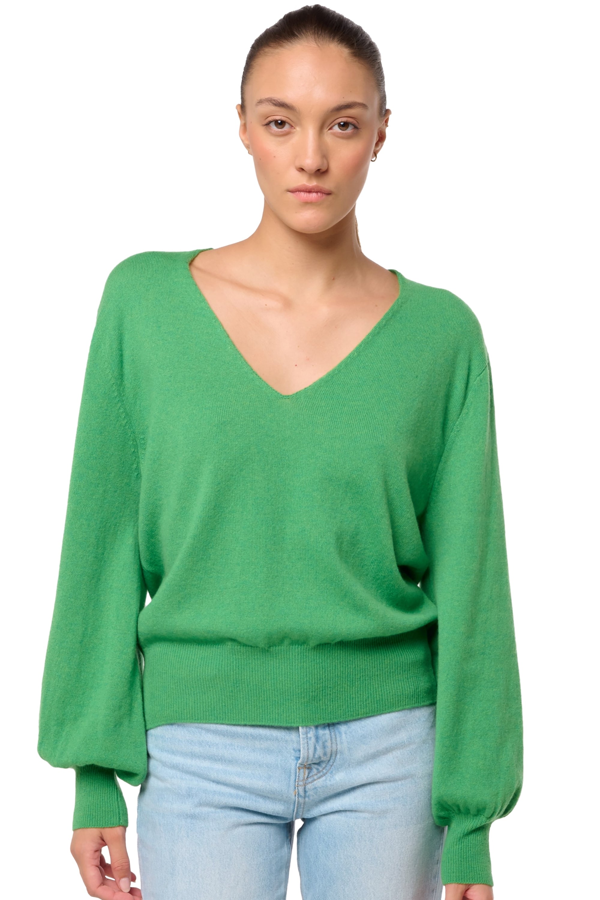 Cashmere jumper, 100% Cashmere, women, V-neck, straight cut, balloon sleeves, standard / 2 and 4 ply, standard knit, Mahogany