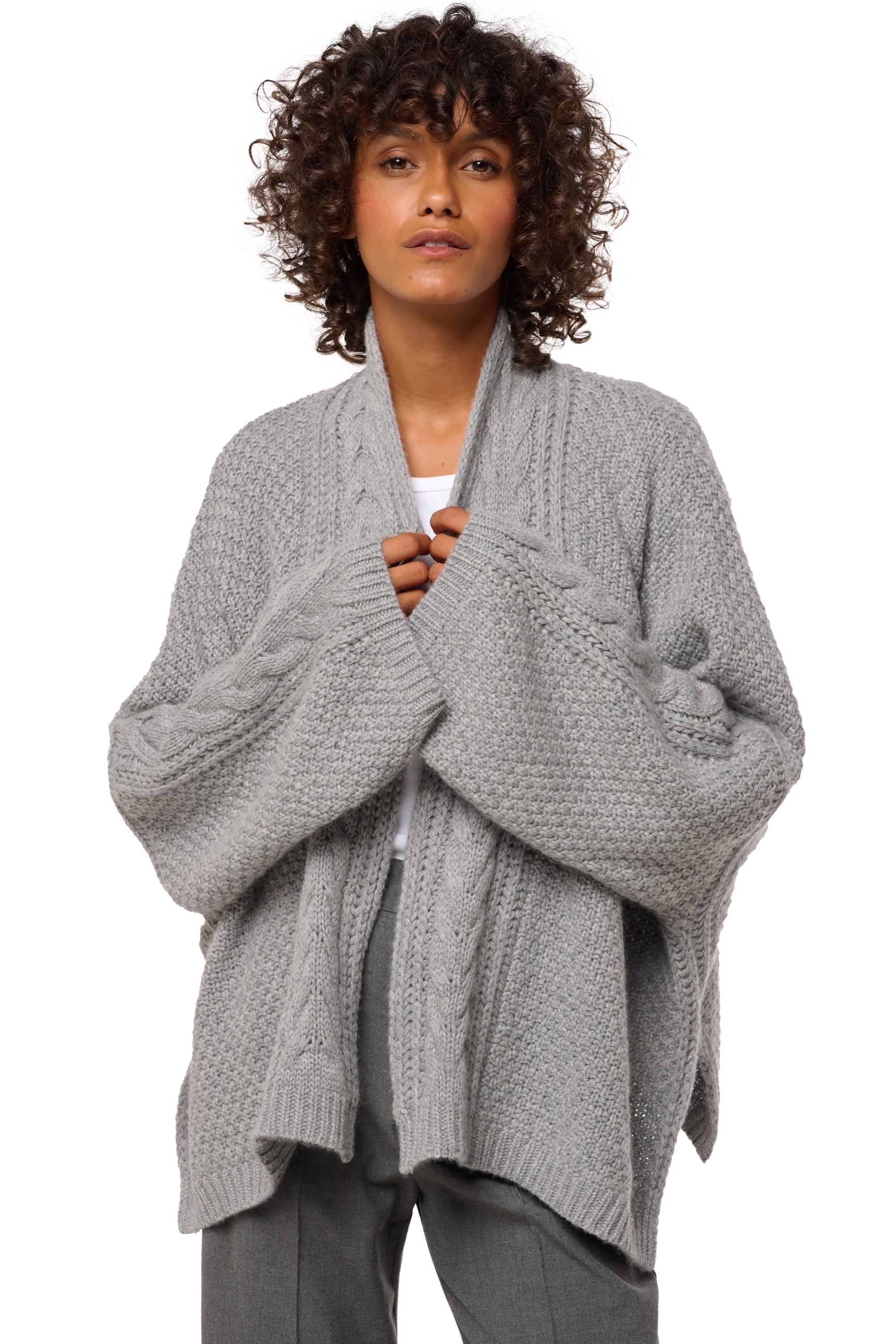Cashmere jacket, 100% Cashmere, women, V-neck, oversize fit, long sleeves, chunky / 6 ply and above, cable knit, Mahogany