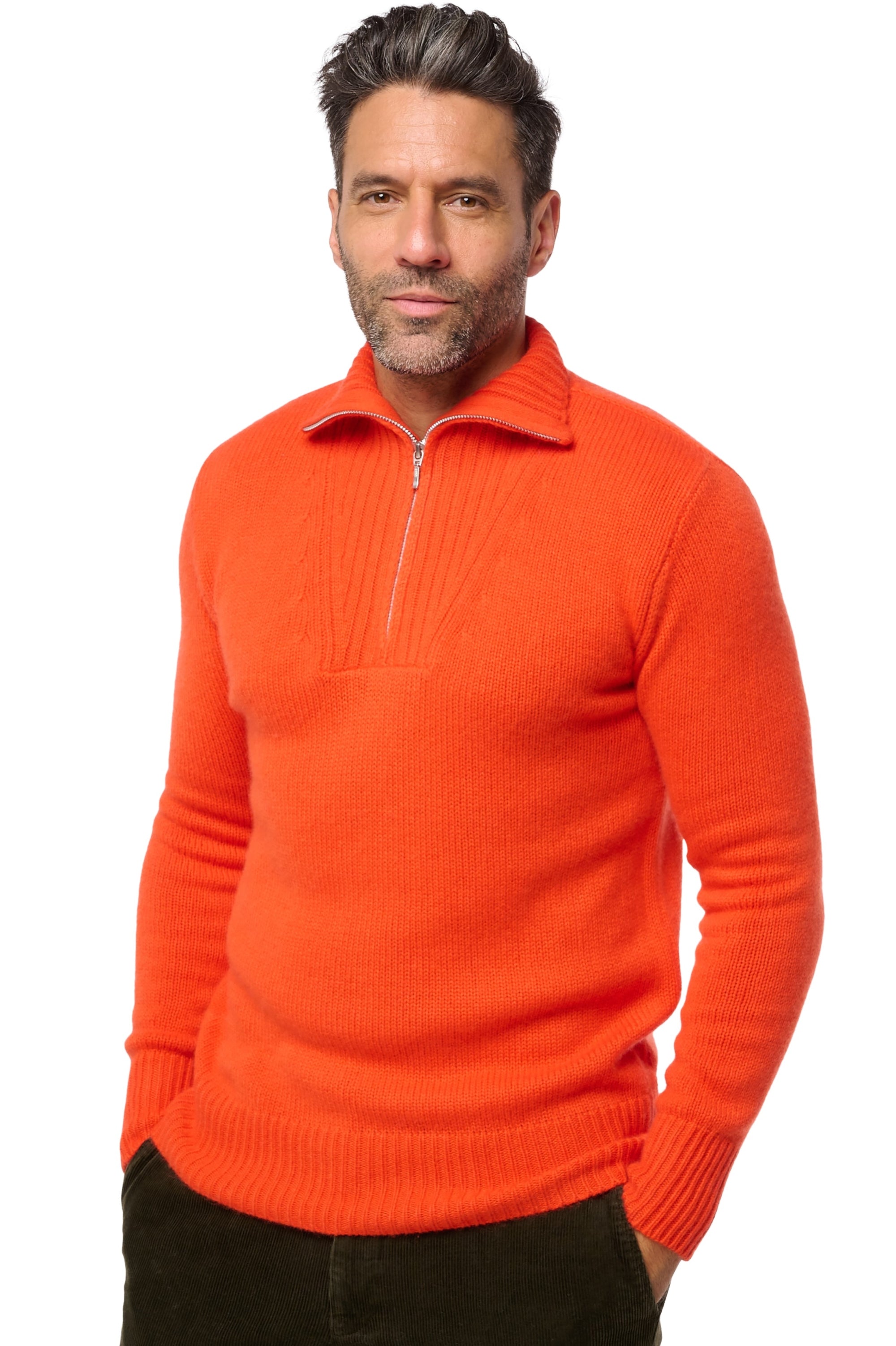 Cashmere jumper, 100% Cashmere, men, trucker collar, zip fastening, straight cut, long sleeves, chunky / 6 ply and more, standard knit, Mahogany