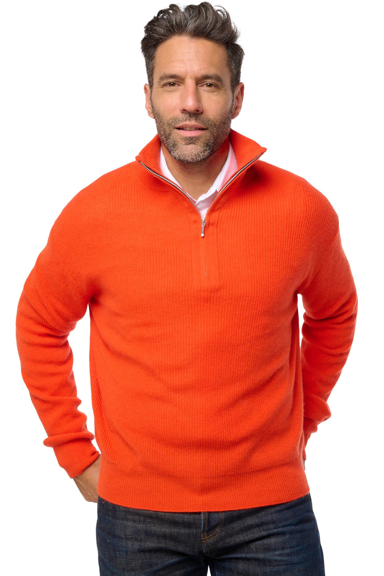 Cashmere jumper, 100% Cashmere, men, trucker collar, zip fastening, straight fit, long sleeves, regular / 2 and 4 ply, standard knit, Mahogany