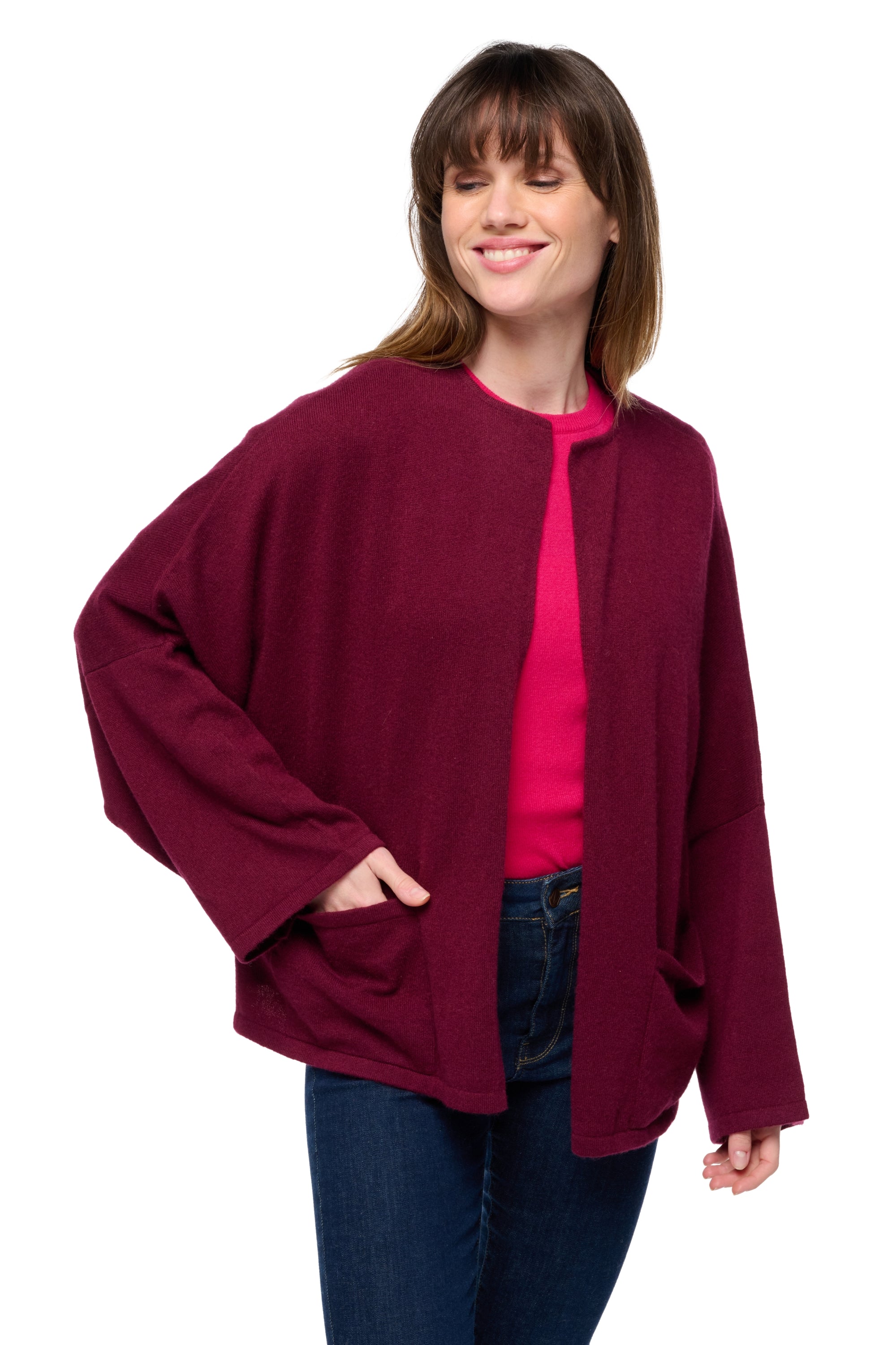 Cashmere cardigan, 100% Cashmere, women, round neck, oversize fit, long sleeves, fine knit, Mahogany
