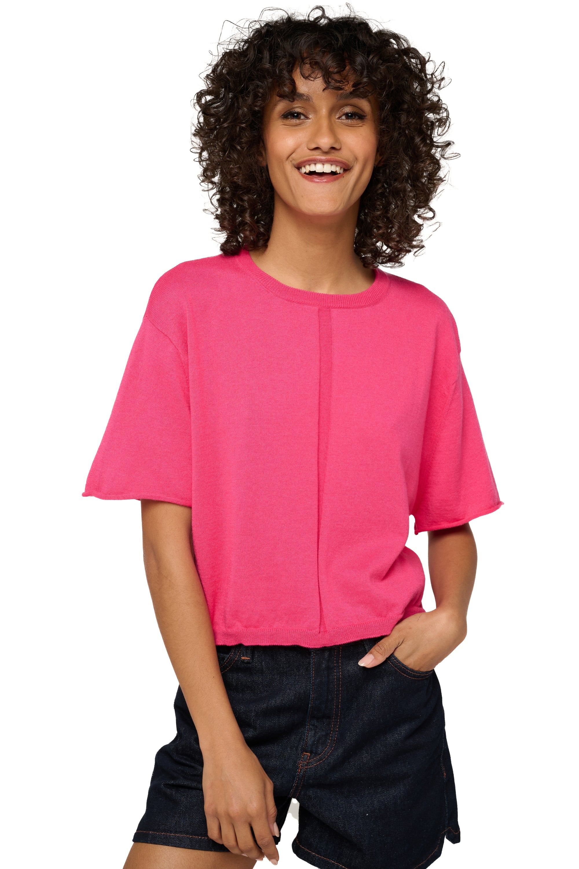 Cashmere and cotton T-shirt, 85% Cotton / 15% Cashmere, women, round neck, straight cut, short sleeves, fine, Mahogany