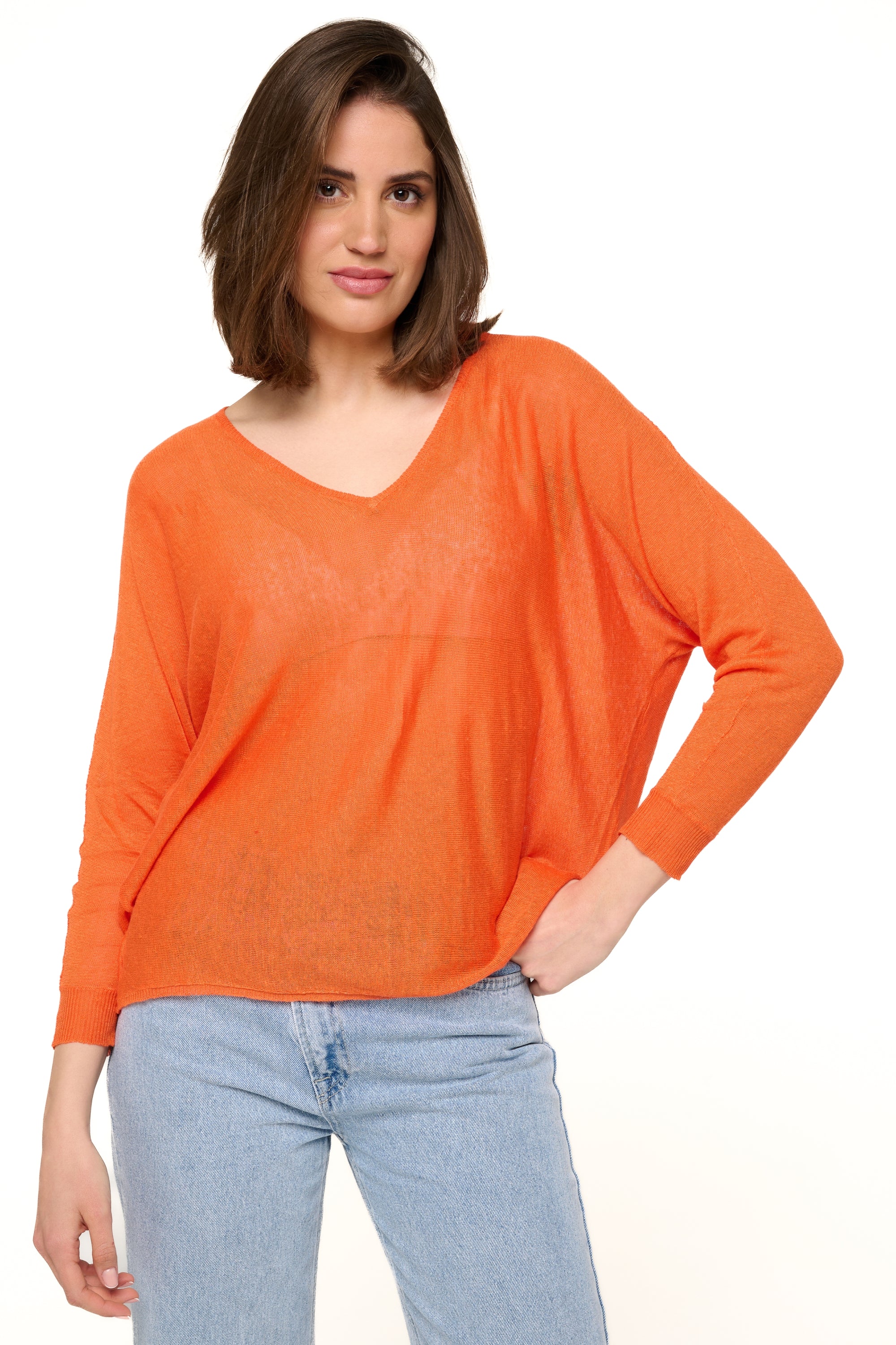 Linen jumper, 100% Linen, women, V-neck, straight cut, long sleeves, fine, Mahogany