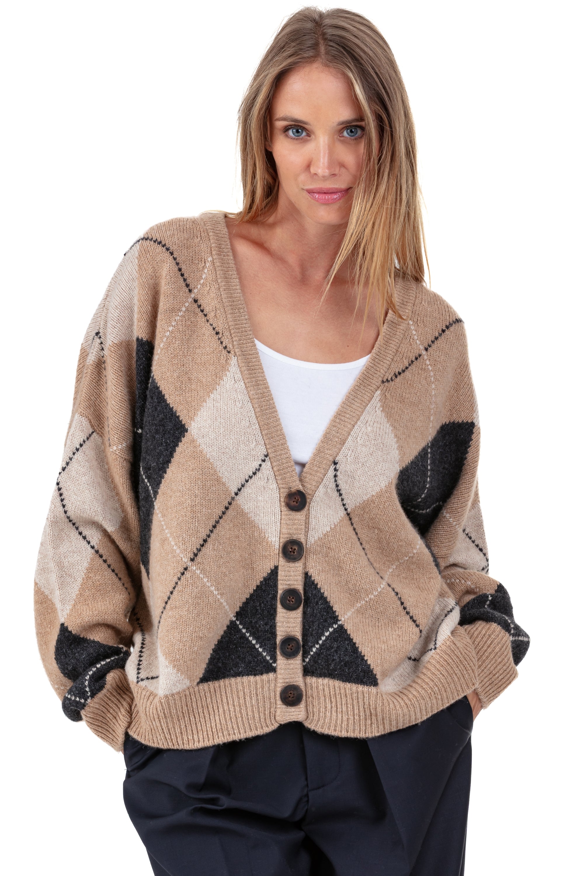 Camel cardigan, 100% Camel, women, v-neck, button fastening, oversize fit, long sleeves, graphic, fine, , Mahogany