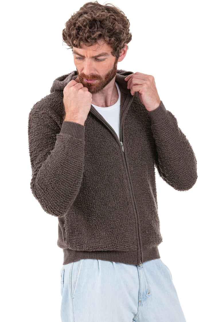 Cashmere cardigan, 100% Cashmere, men, hood, zip fastening, straight cut, long sleeves, chunky / 6 ply and above, , Mahogany