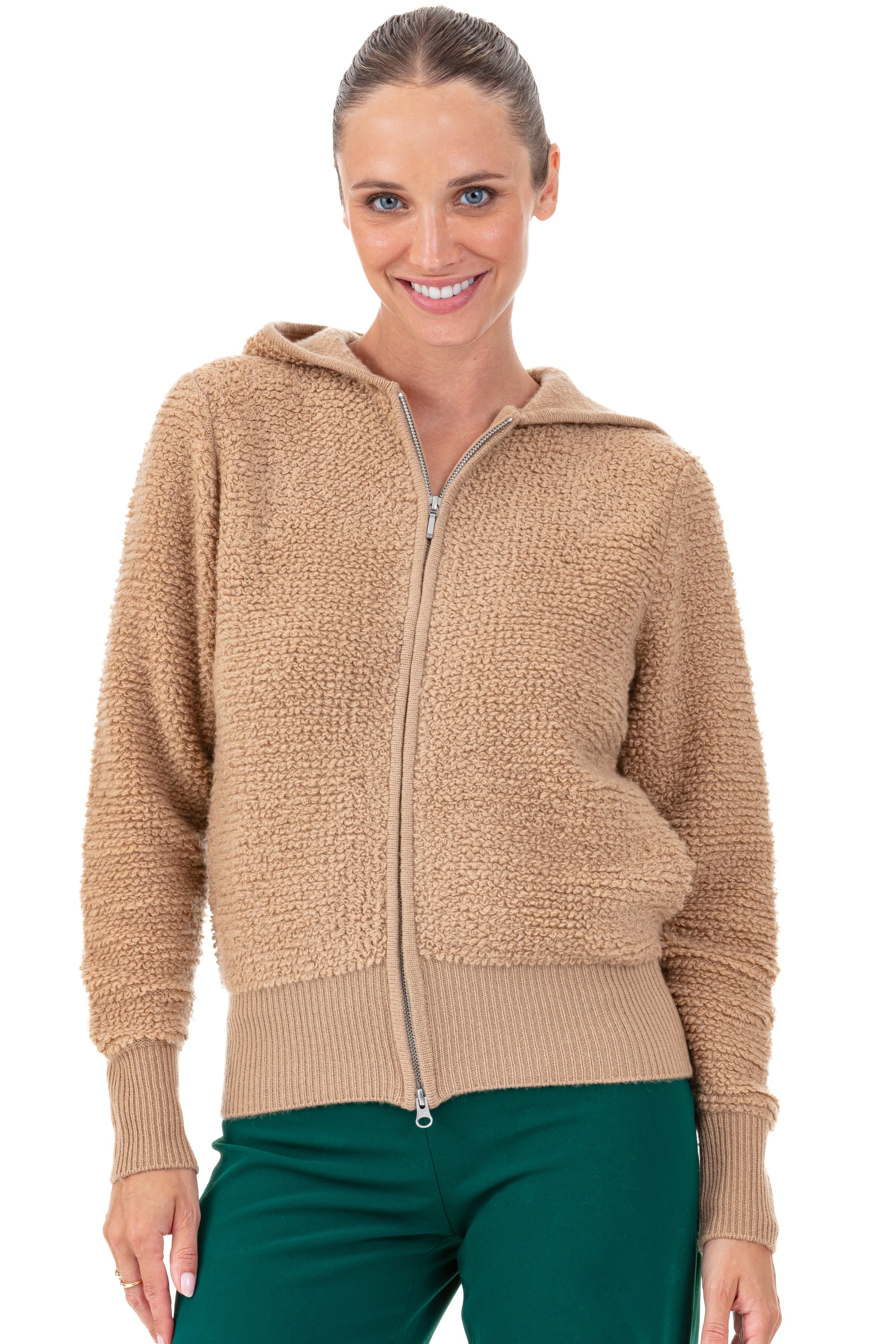 Cashmere cardigan, 100% cashmere, women, hood, zip fastening, straight cut, long sleeves, chunky / 6 plies and more, Mahogany