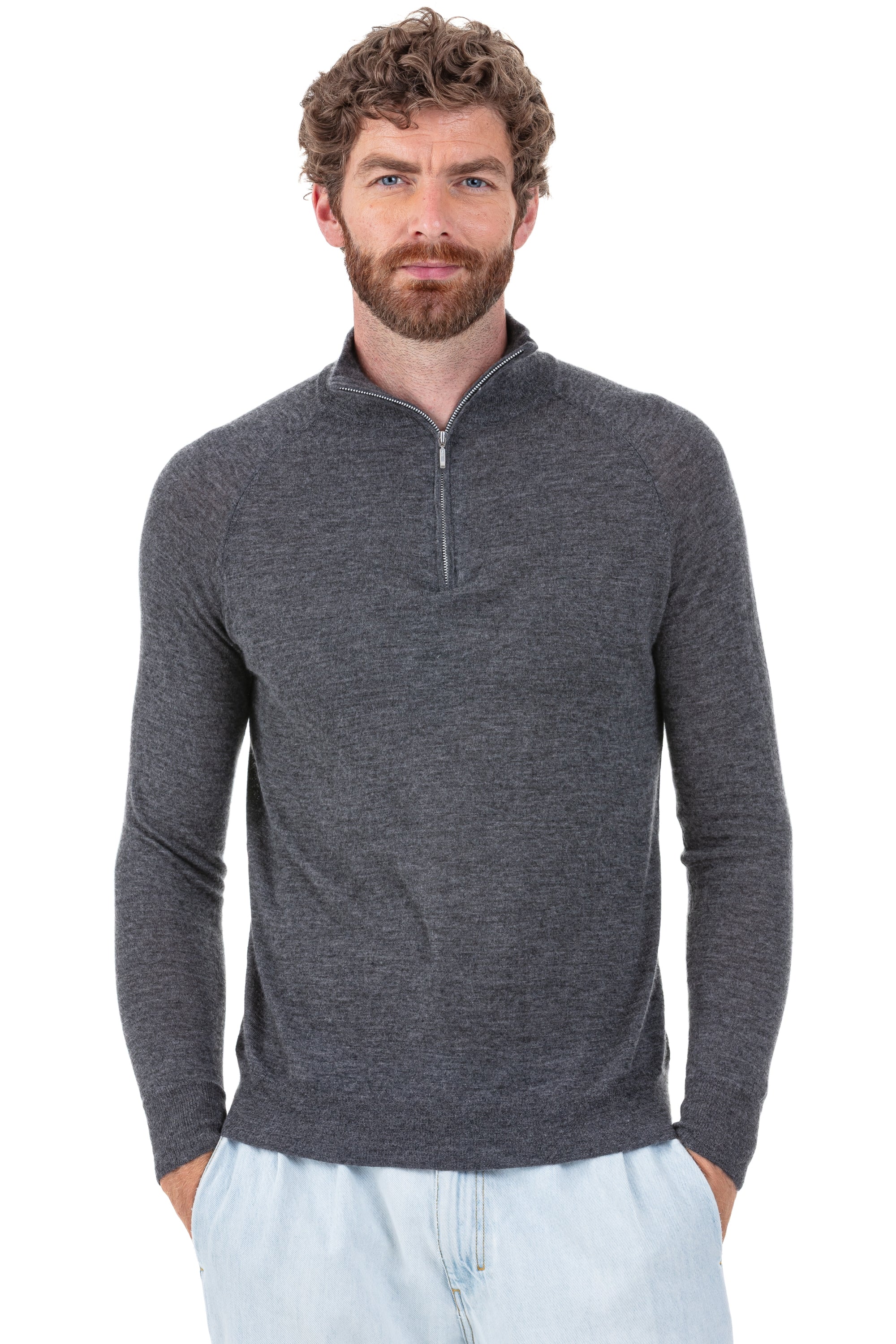 Cashmere down jumper, 100% cashmere down, men, trucker neck, zip fastening, straight cut, long sleeves, fine, , Mahogany