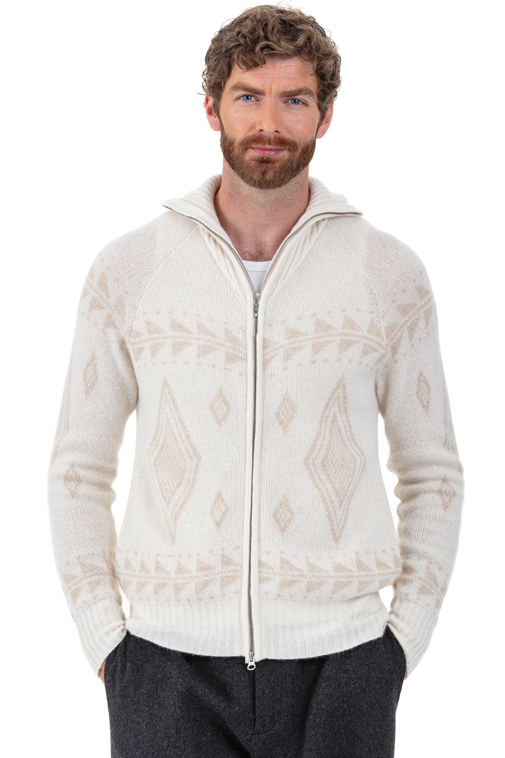 Cashmere cardigan, 100% cashmere, men, trucker collar, zip fastening, straight cut, long sleeves, graphic, regular / 2 and 4 plies, jacquard, Mahogany