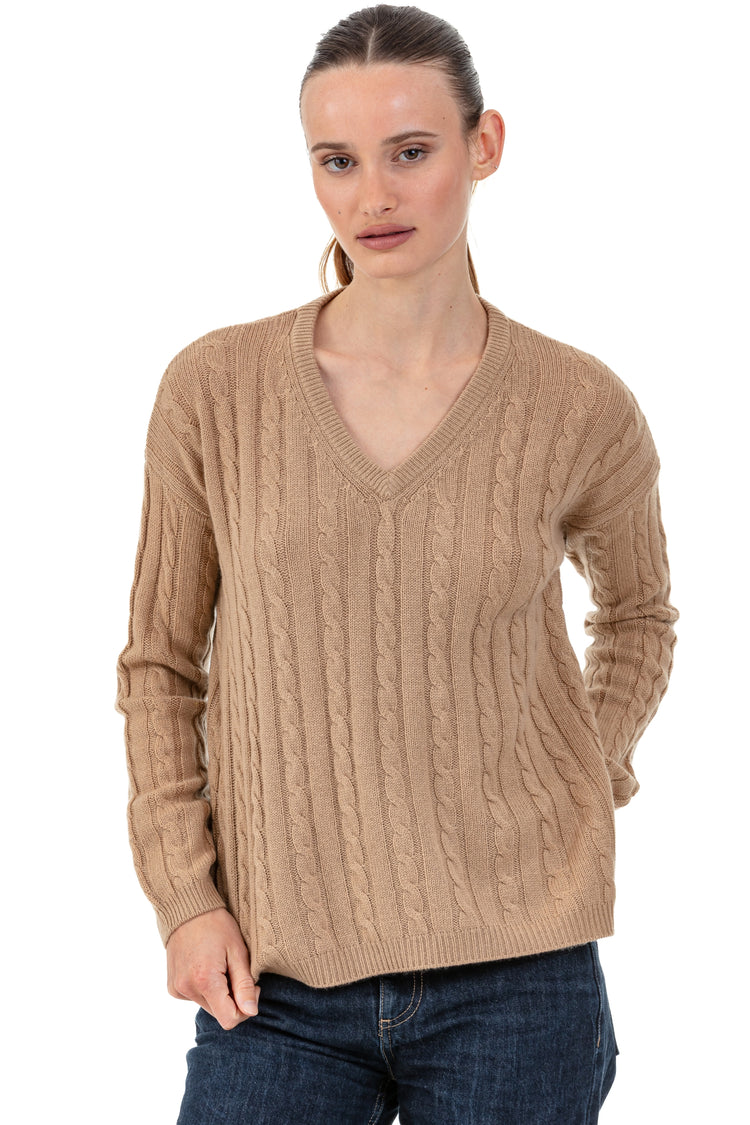 Cashmere jumper, 100% Cashmere, women, V-neck, straight fit, long sleeves, fine, cable knit, Mahogany