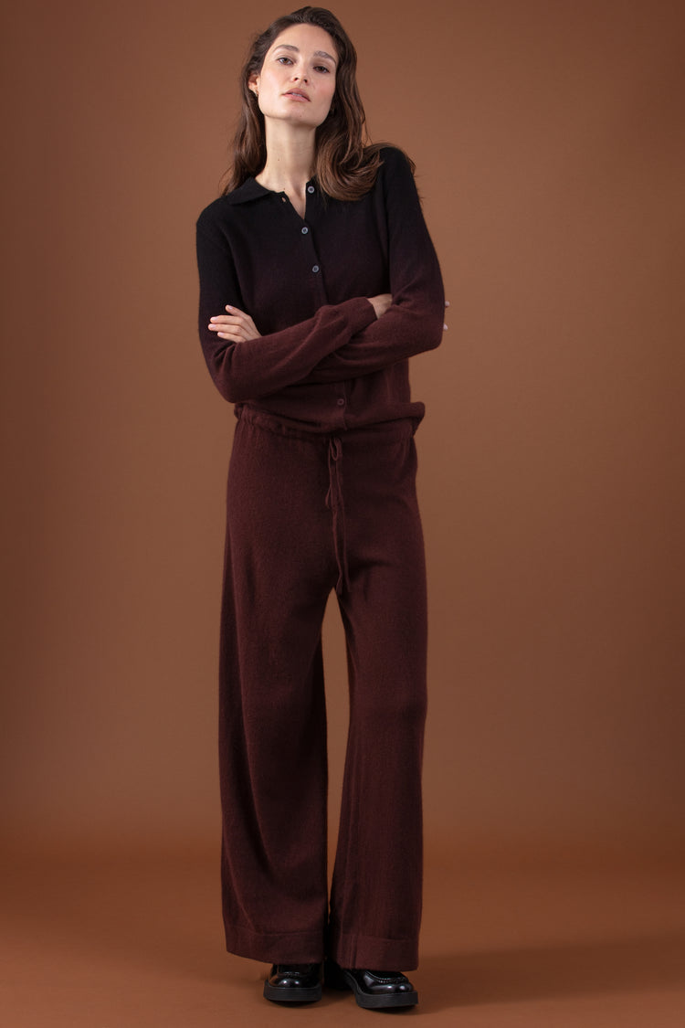 Cashmere trousers, 100% Cashmere, women, button fastening, straight cut, long sleeves, fine knit, Mahogany