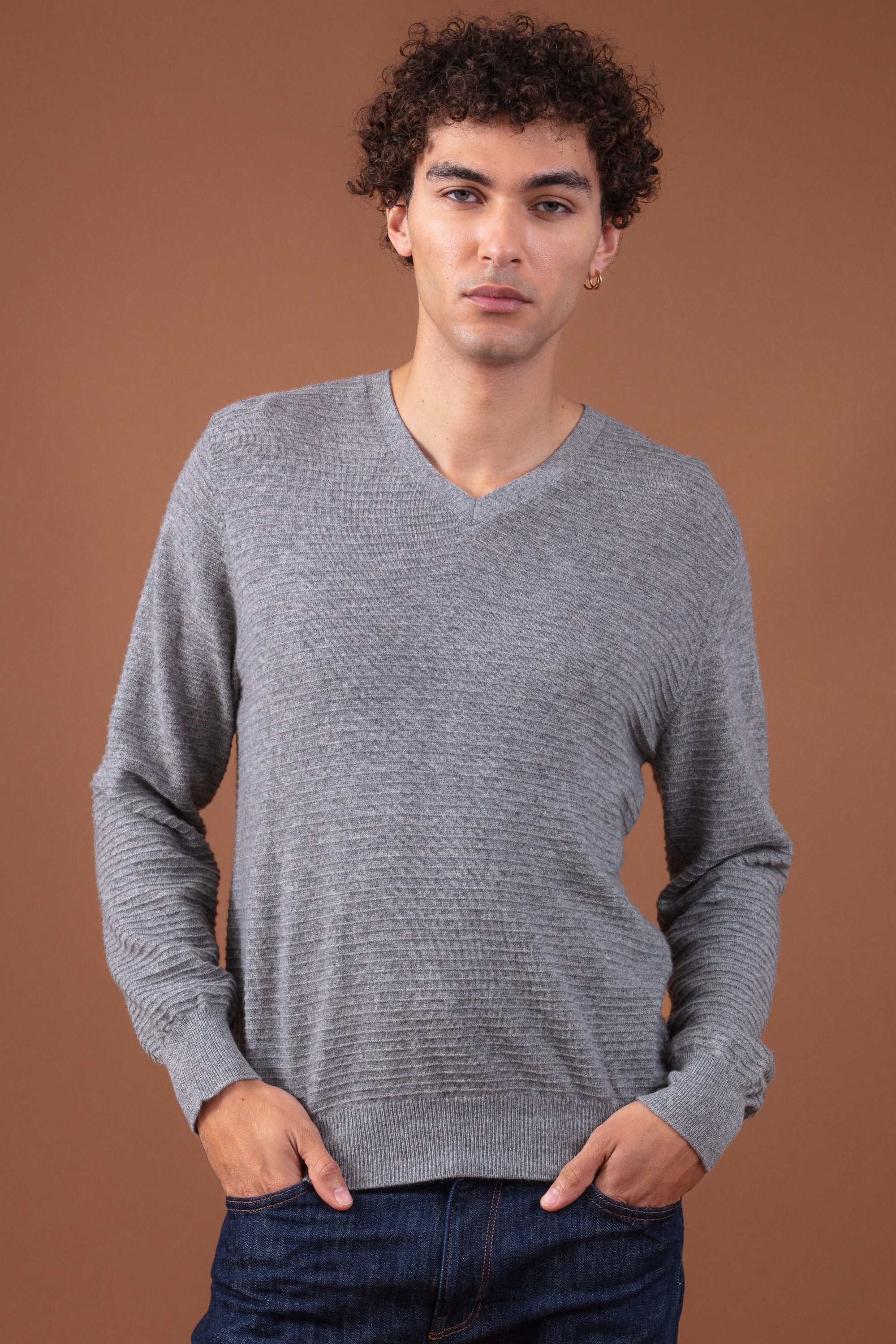 Cashmere jumper, 100% Cashmere, men, V-neck, straight cut, long sleeves, striped, fine, , Mahogany