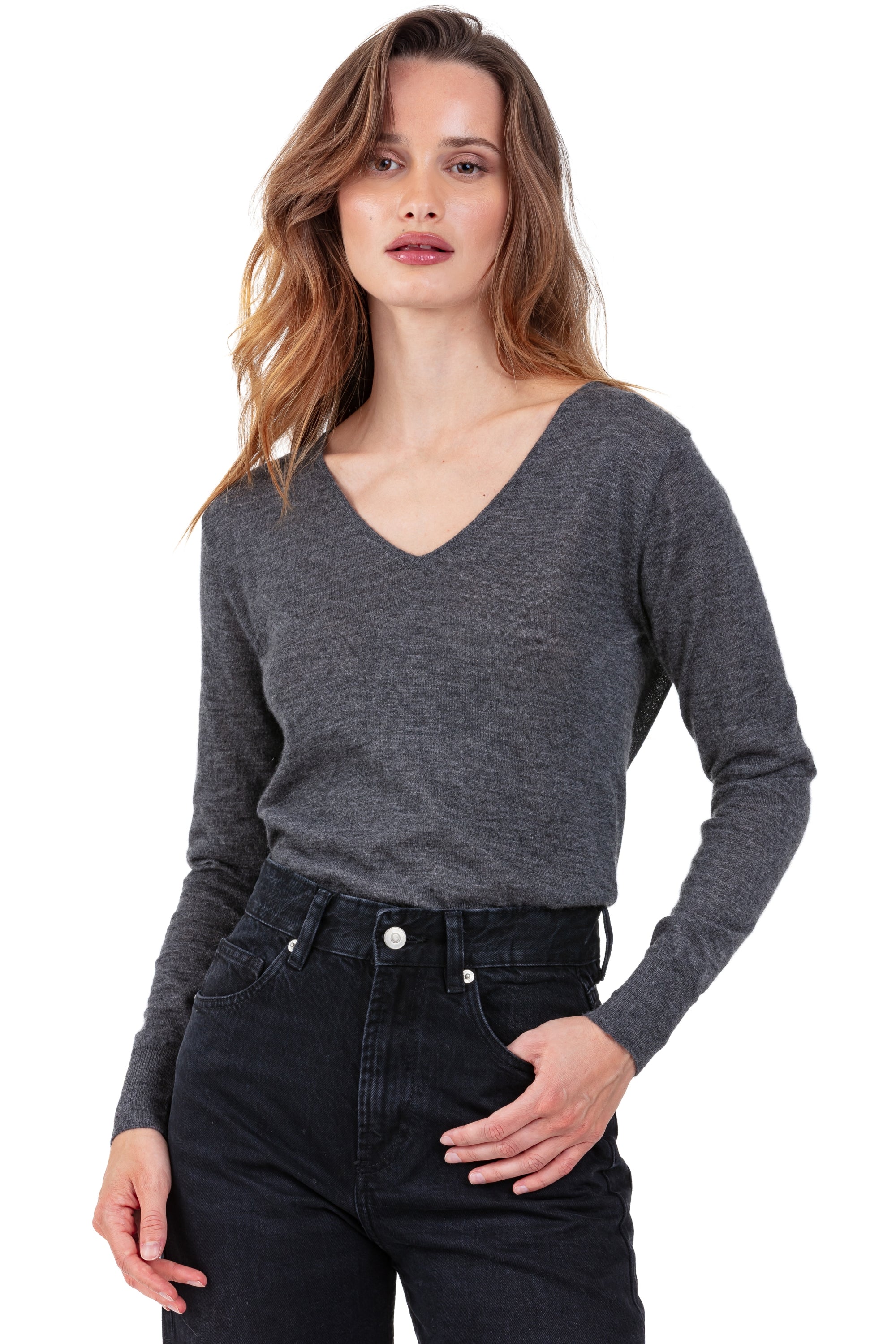 Cashmere down jumper, 100% cashmere down, women, V-neck, straight cut, long sleeves, fine knit, Mahogany