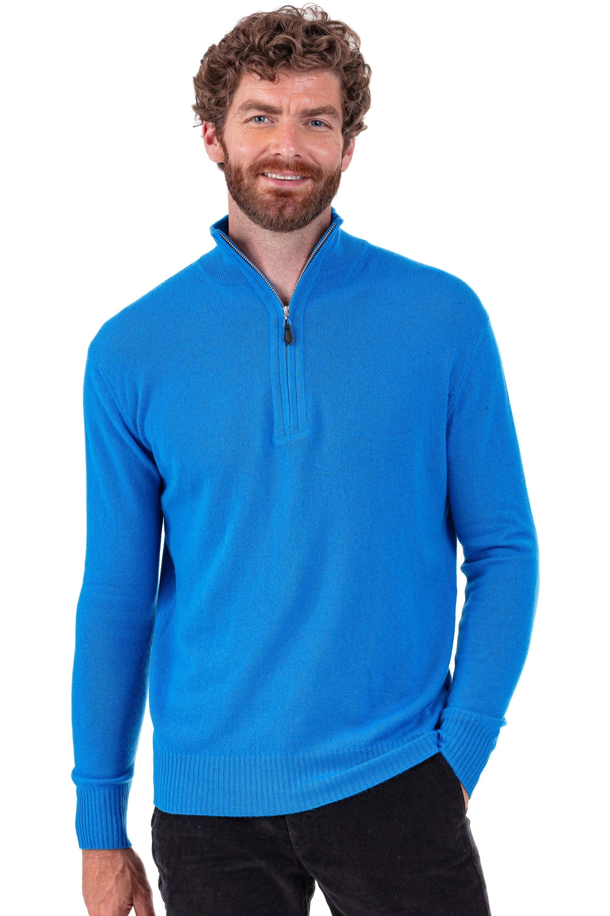 Cashmere jumper, 100% Cashmere, men, trucker collar, zip fastening, straight fit, long sleeves, regular / 2 and 4 ply, standard knit, Mahogany