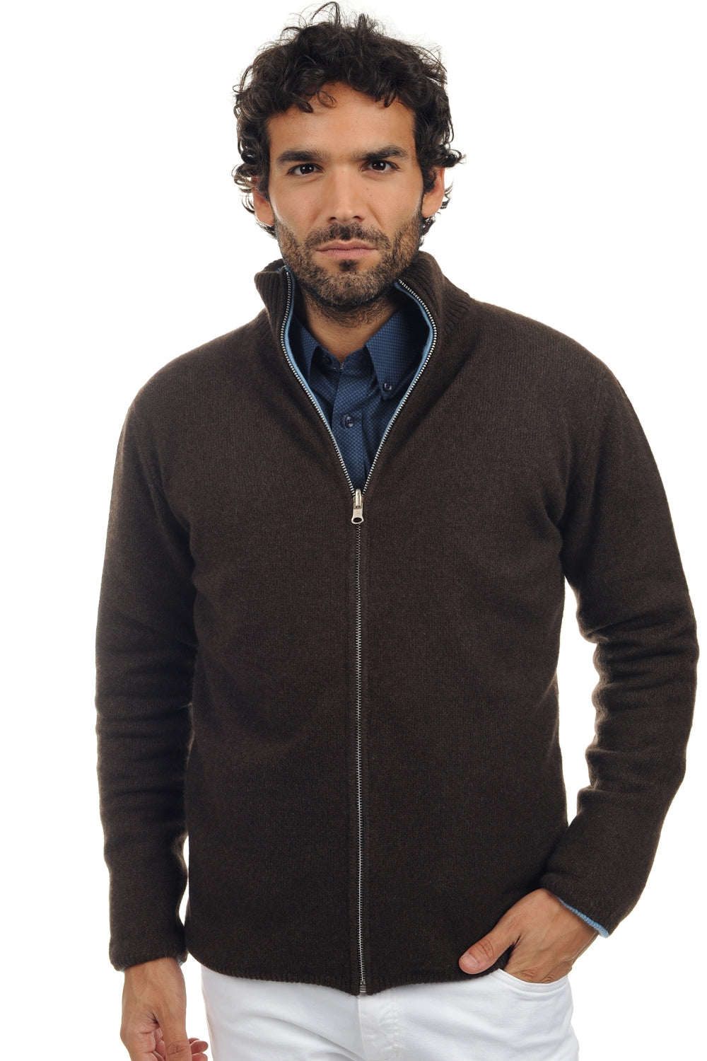 Vincent men's cashmere and yak jumper - natural brown-azure blue marl - Mahogany