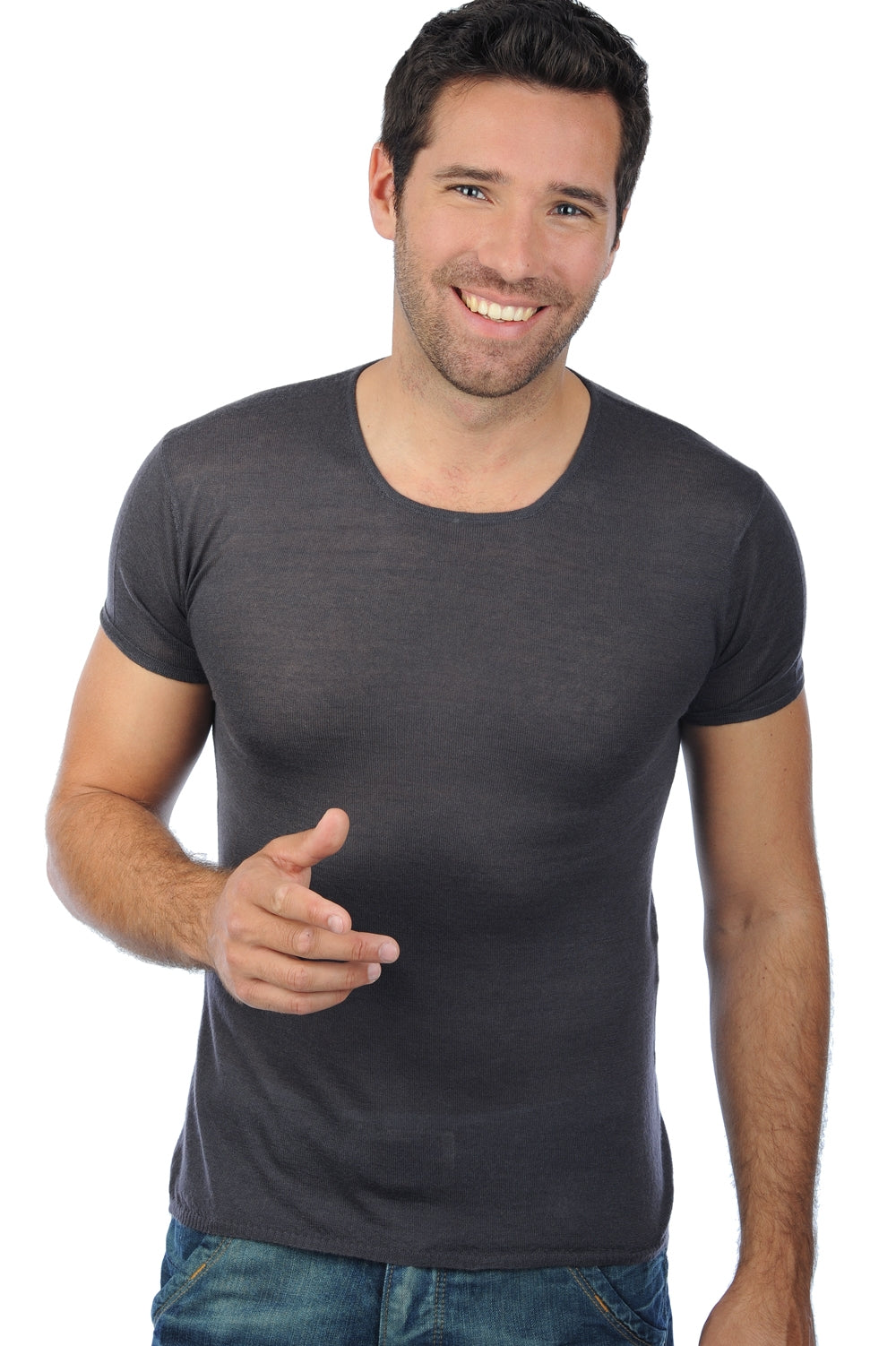 Cashmere down T-shirt, 100% cashmere down, men's, crew neck, fitted cut, short sleeves, standard / 2 and 4 ply, standard knit, Mahogany