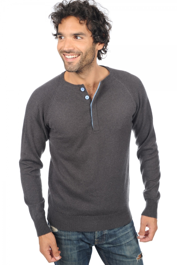 Cashmere men polo style sweaters gustave matt charcoal azur blue chine 2xl