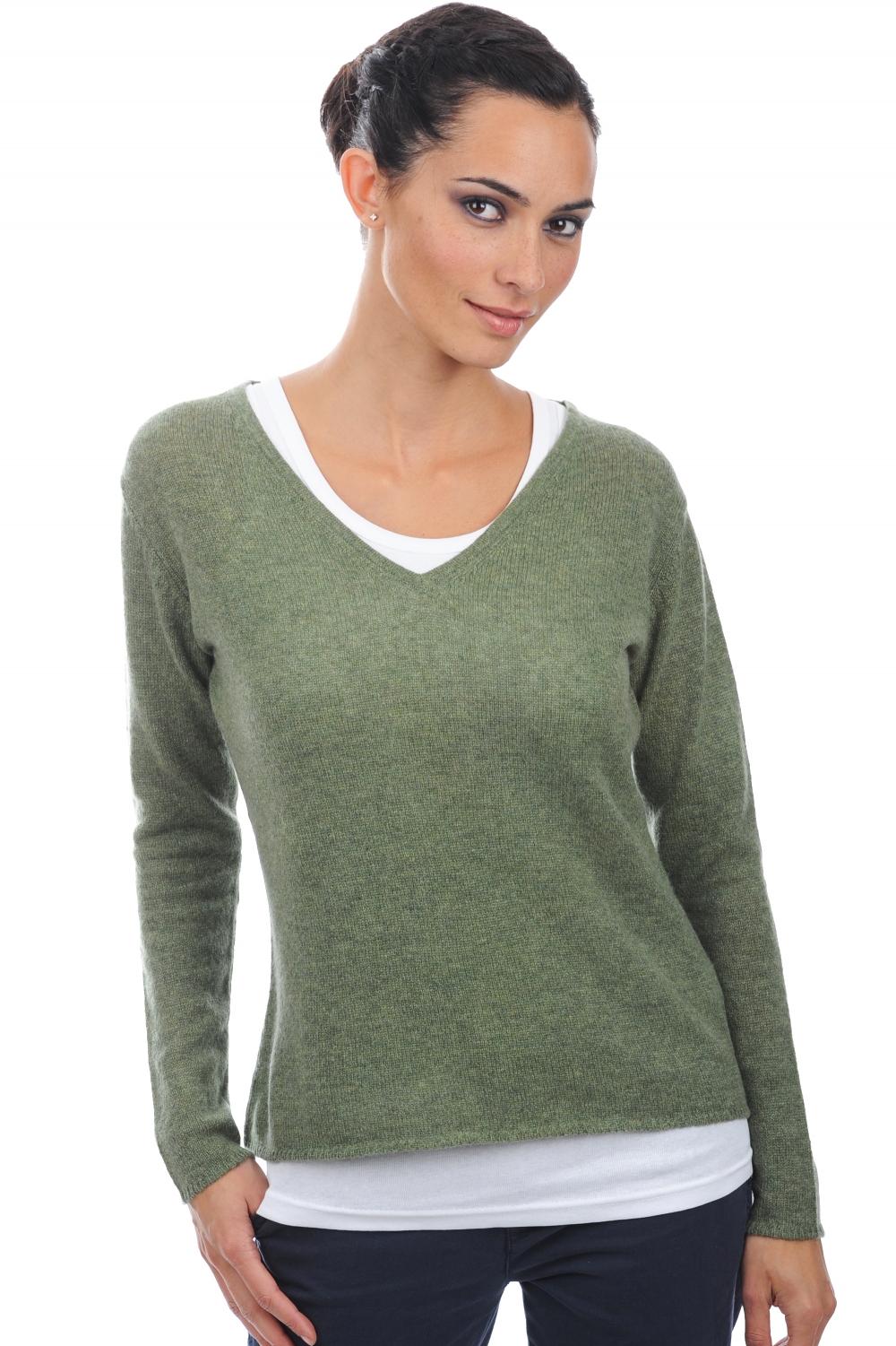 Cashmere ladies basic sweaters at low prices flavie olive chine 2xl