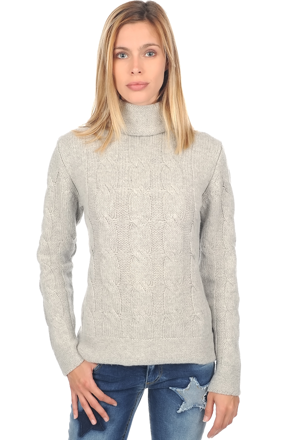 Cashmere ladies chunky sweater blanche flanelle chine xs