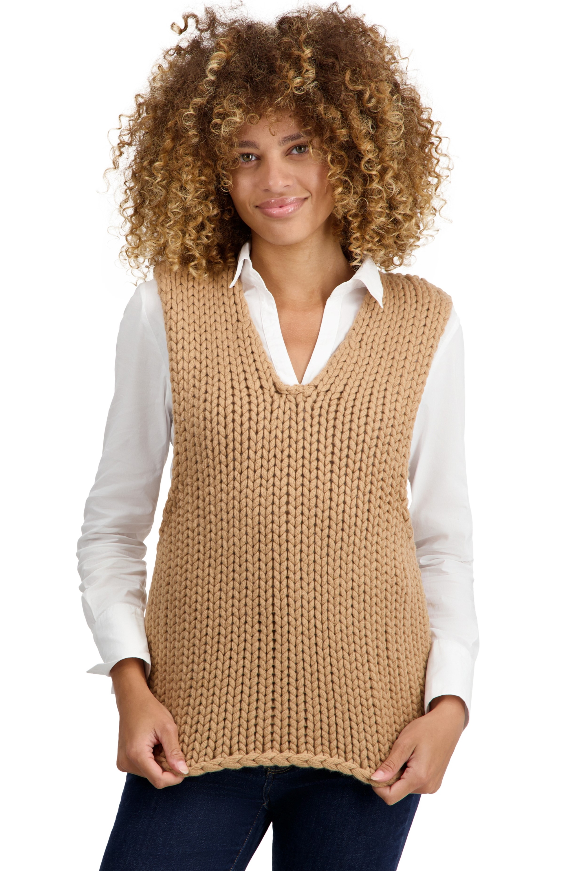 Cashmere ladies chunky sweater toscane camel 2xl
