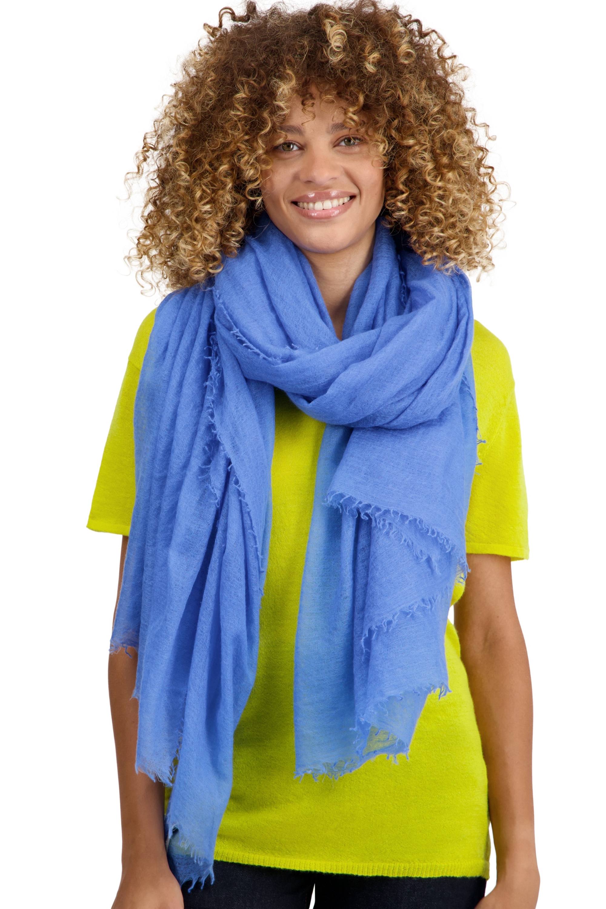 Cashmere ladies scarves mufflers tonka light cobalt blue 200 cm x 120 cm