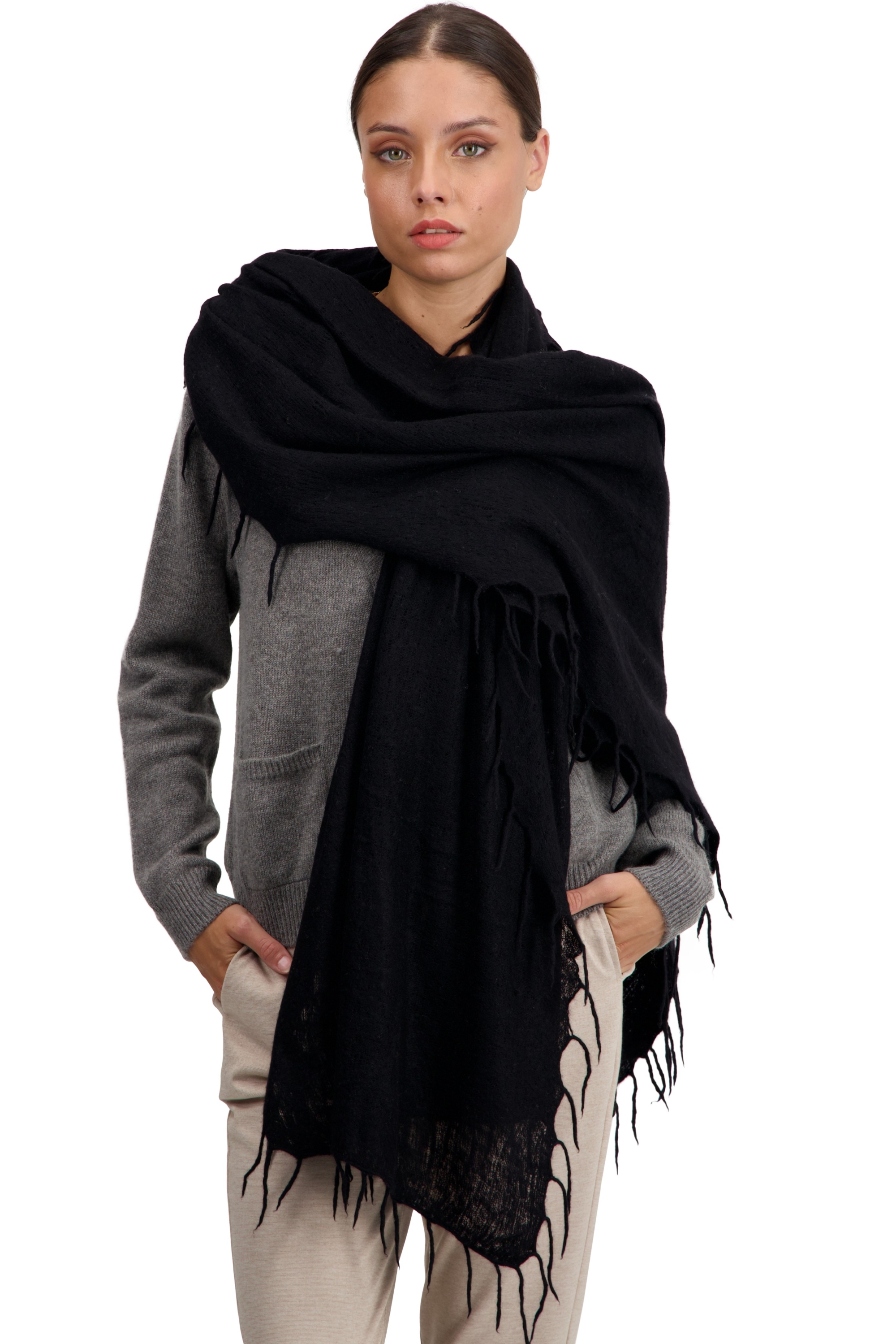 Cashmere ladies scarves mufflers tresor black 200 cm x 90 cm
