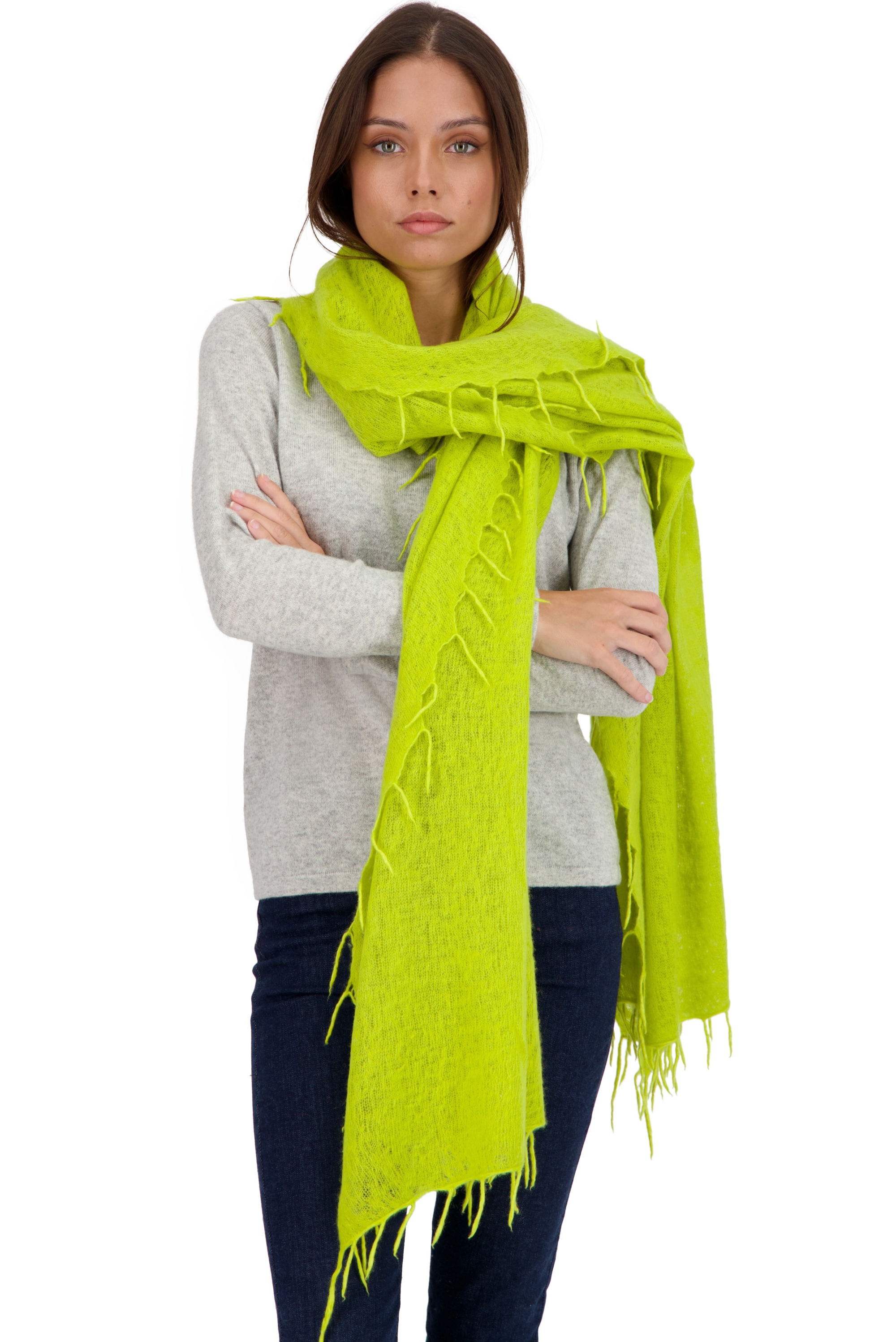 Cashmere ladies scarves mufflers tresor chartreuse 200 cm x 90 cm