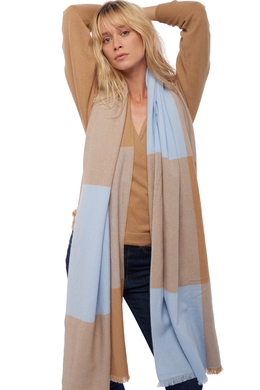 Cashmere ladies shawls verona ciel camel 225 x 75 cm