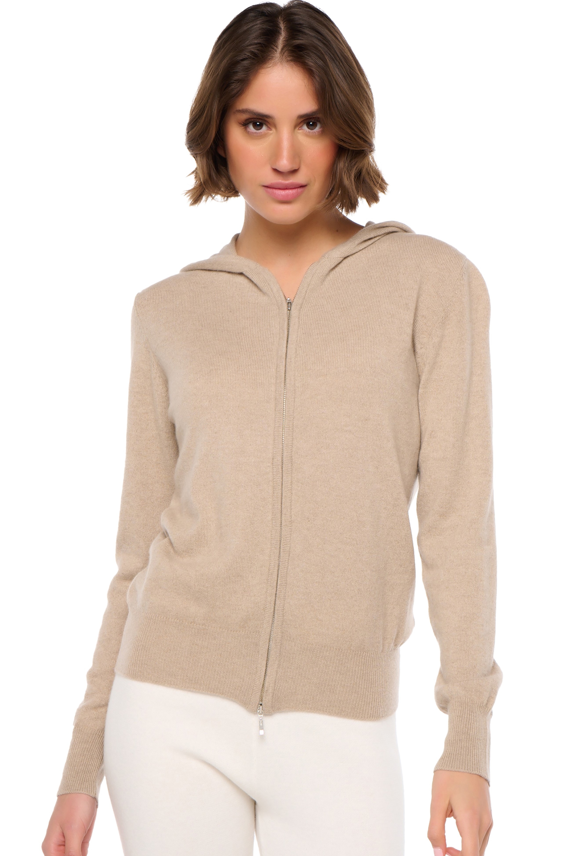 Cashmere ladies zip hood louanne natural stone s