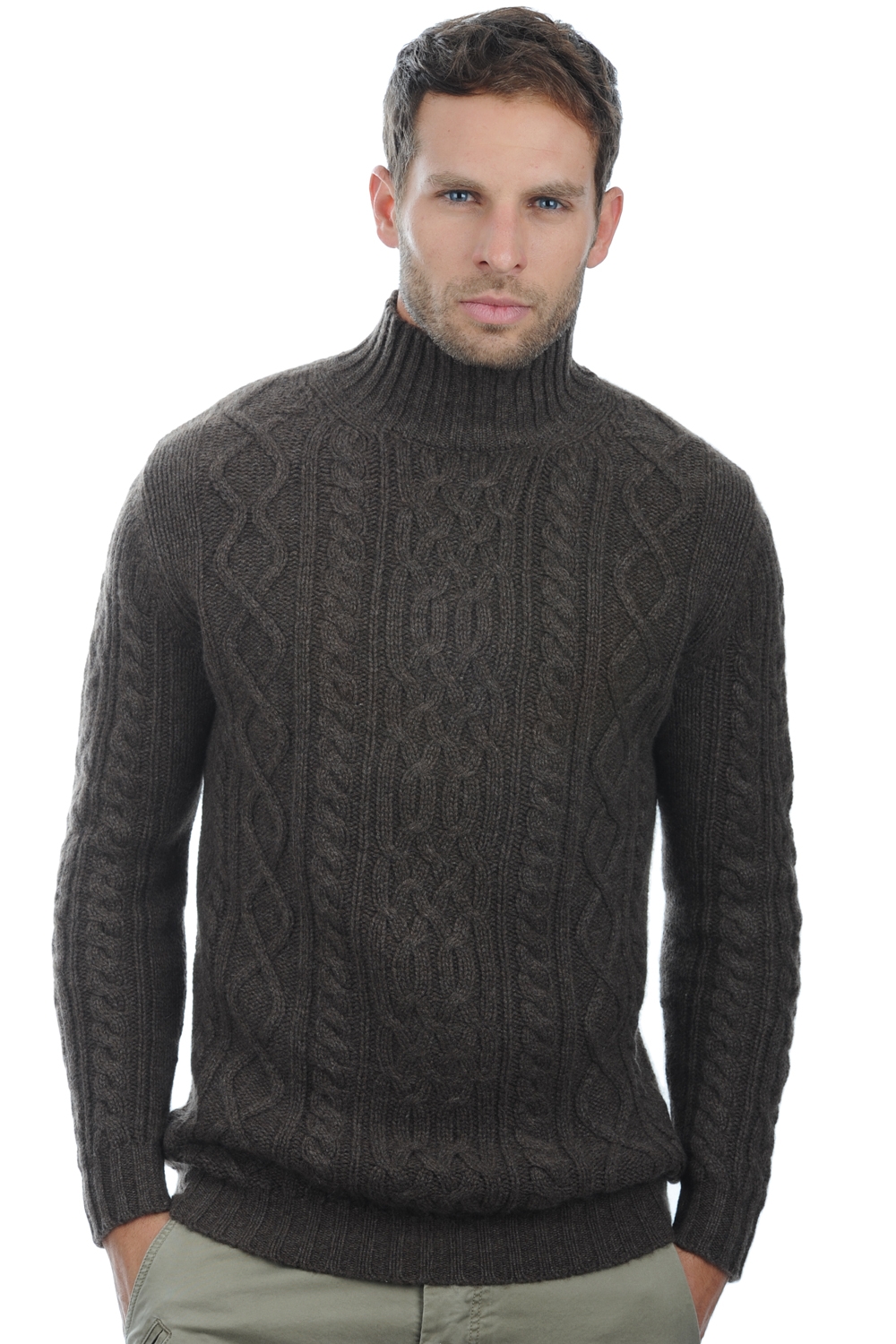 Cashmere men chunky sweater platon marron chine 2xl