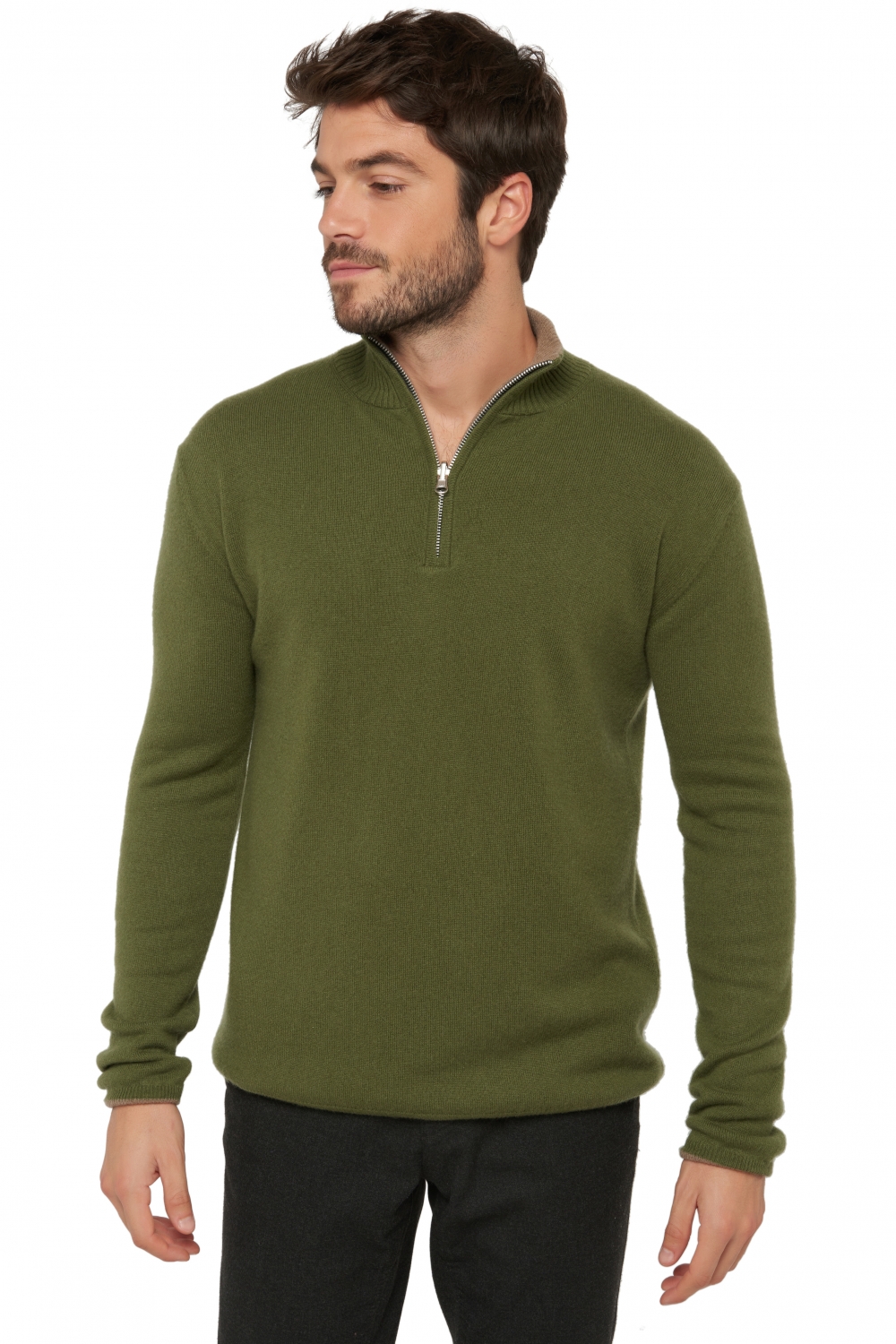 Cashmere men polo style sweaters cilio ivy green natural brown m