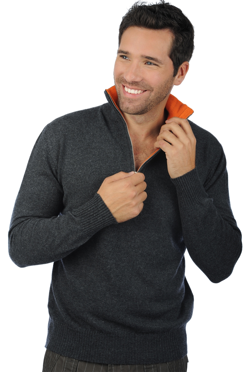 Cashmere men polo style sweaters henri charcoal marl orange s